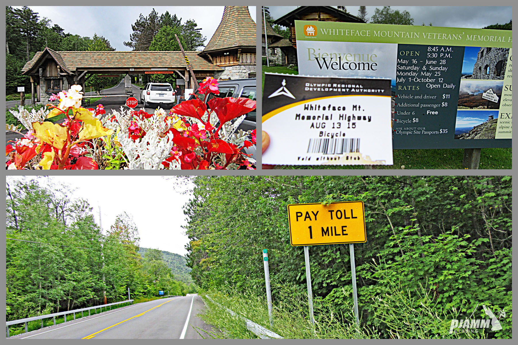 Cycling Whiteface Mountain - photo collage, toll booth to get into Whiteface Mountain Veterans Memorial Highway, spring flowers blooming, toll booth ticket for bicycle entry, road sign noting Pay Toll in 1 mile