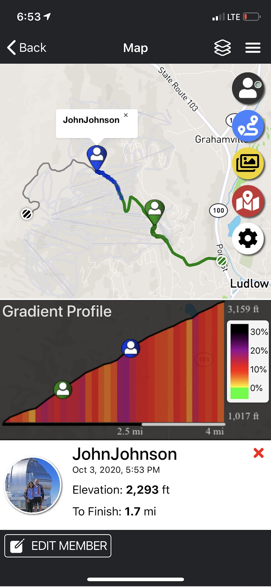 Cycling Okemo, Vermont - PJAMM Adventure app showing climb grade and profile