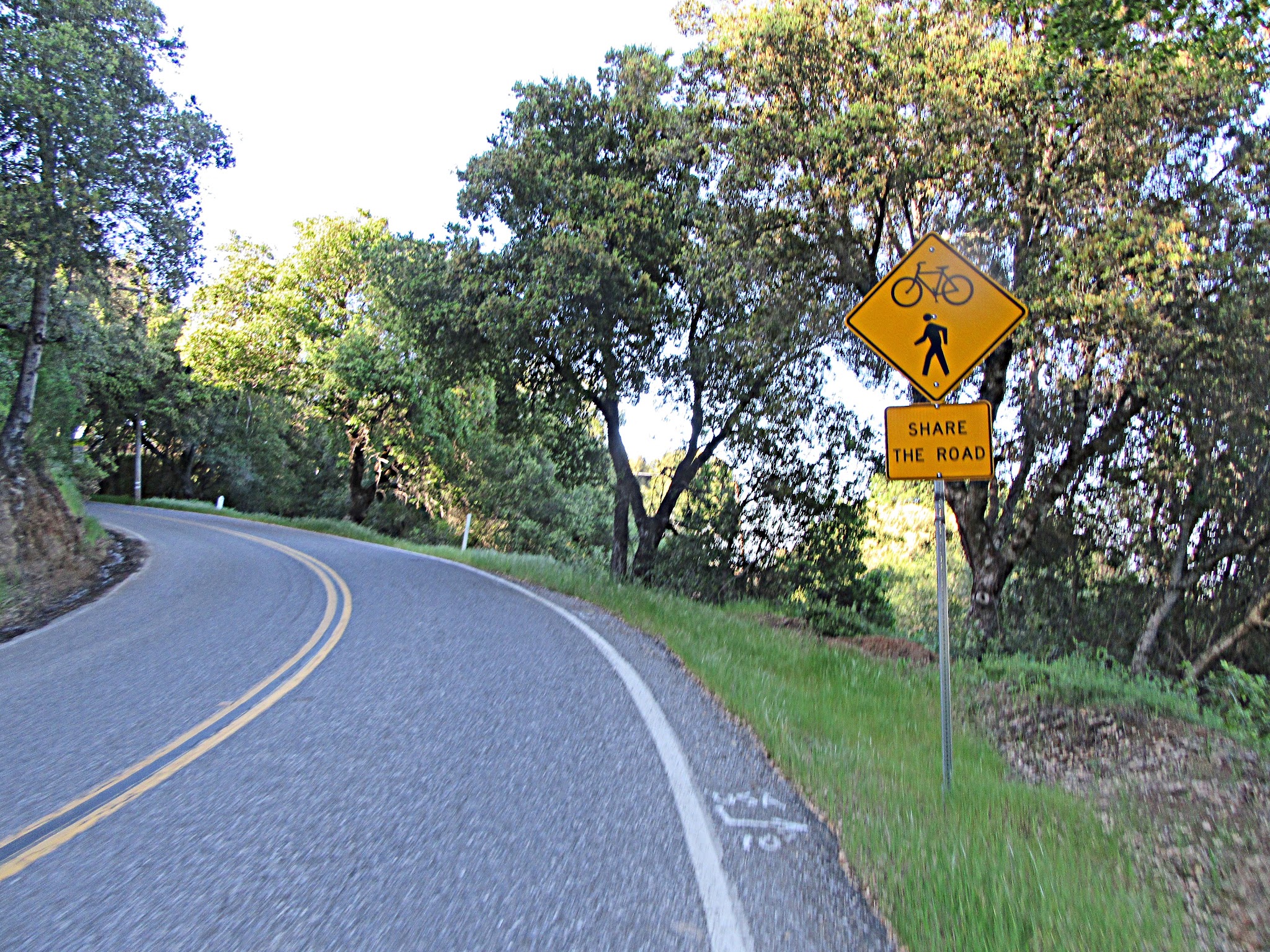 Cycling Montebello, Santa Cruz Mountains, California - stretch of curved two-lane road going up hillside with road sign noting to Share The Road