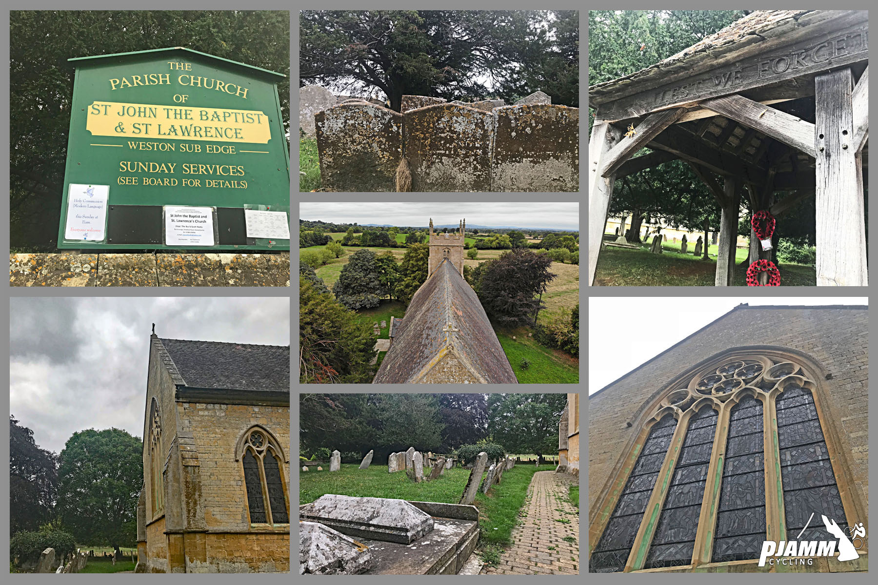 Cycling Dovers Hill - PJAMM Cycling logo in corner, photo collage, Saint Lawrence's church, very weathered headstones and cement coffins, green sign for The Parish Church of St. John the Baptist & St. Lawrence