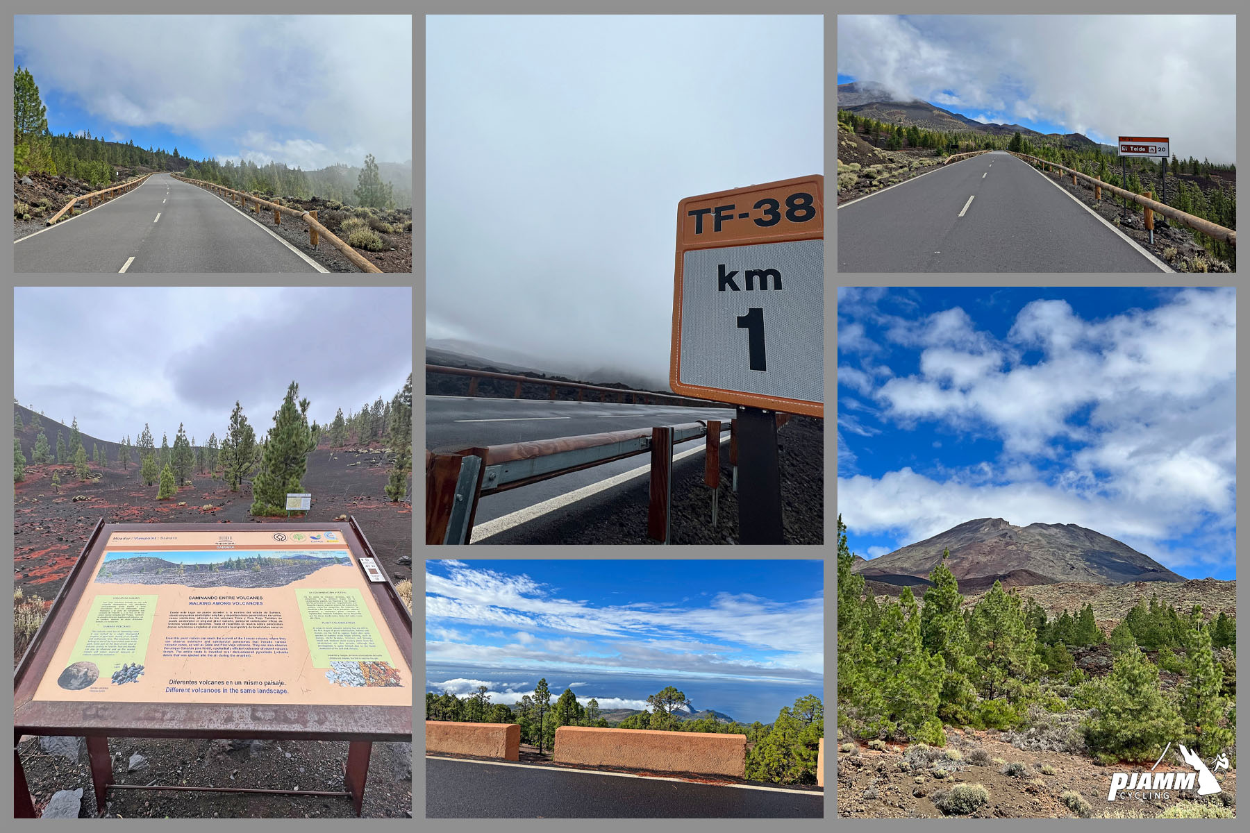 photo collage along second segment of climb; high desert and low alpine setting, informational signs, kilometer markers, 2-lane highway roadway