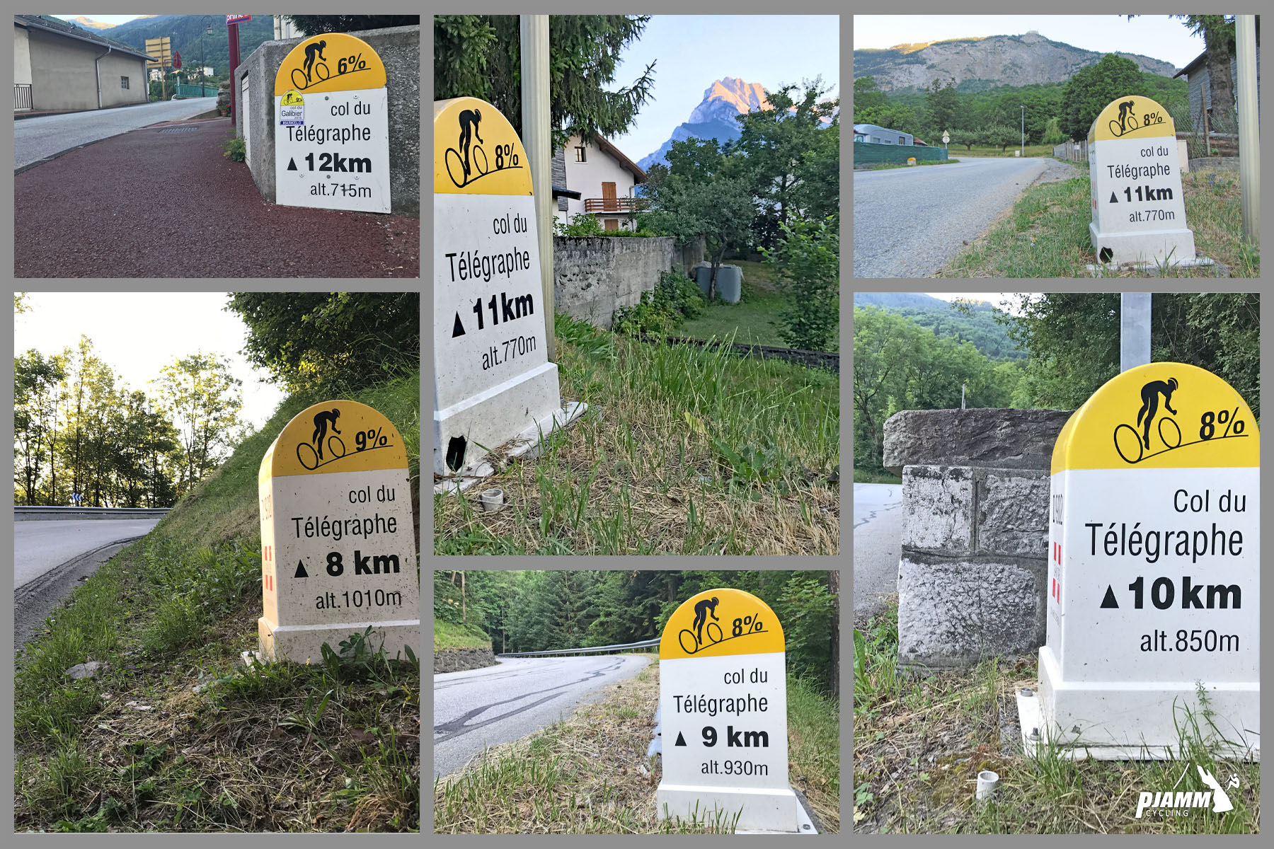 Cycling Col du Télégraphe - photo collage of kilometer markers along the route