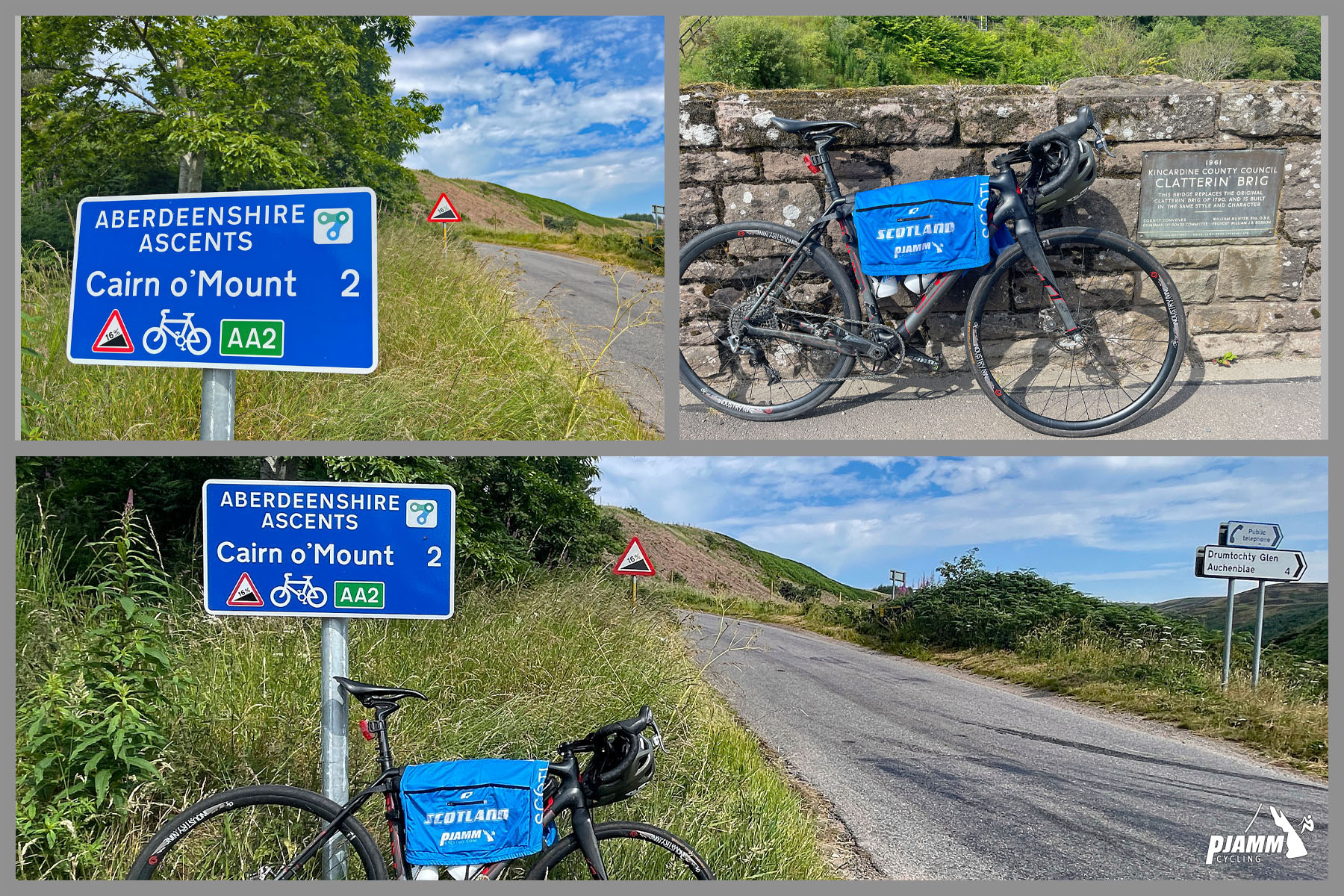 photo collage shows street signs for Aberdeenshire Ascents, Cairn o'Mount, bike parked against a stone retaining wall