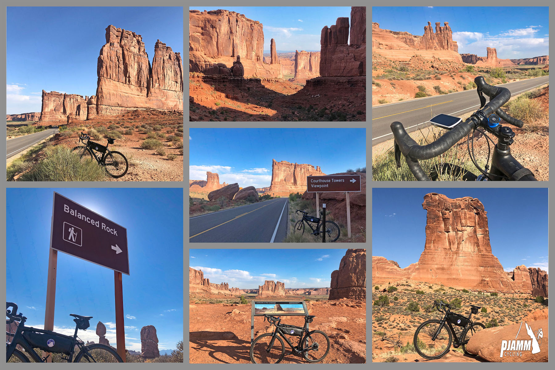The Organ, Tower of Babel, Three Gossips and Sheep Rock, Sheep Rock, Balanced Rock, photo collage, PJAMM Cycling logo in corner