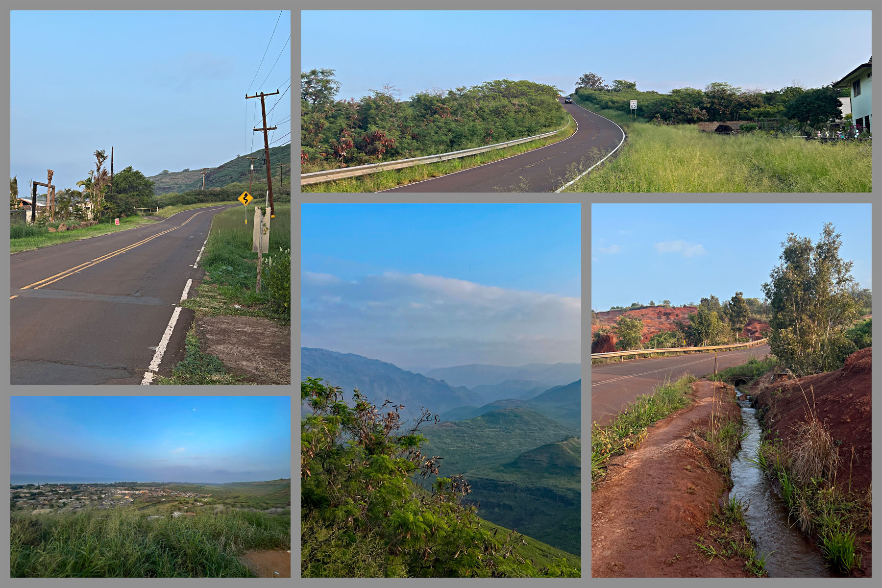 photo collage shows island views, lush green landscape, red soil