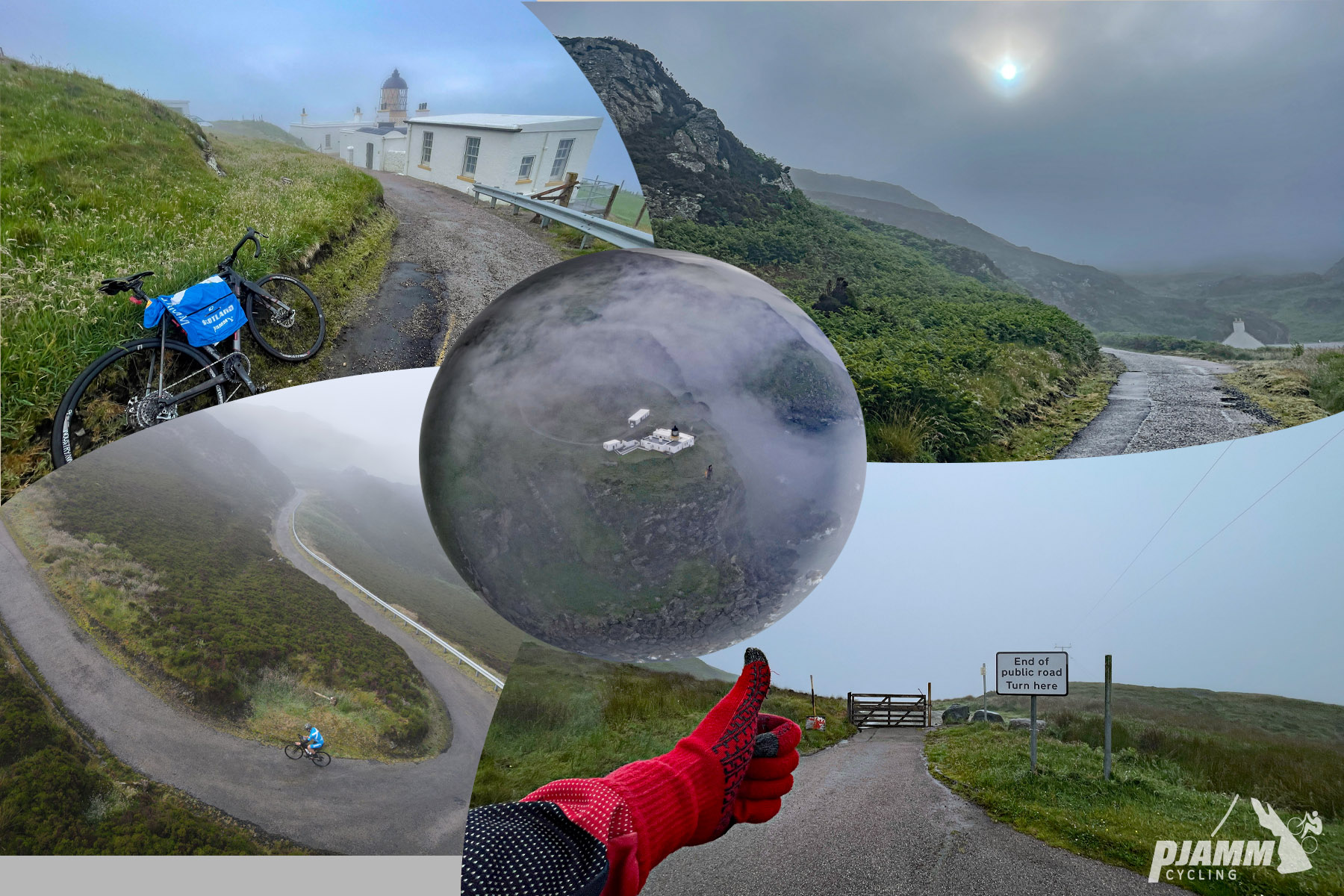 Cycling Mull of Kintyre, Scotland photo collage shows foggy overcast views along the climb; green pasturelands and steep gradients along the ride