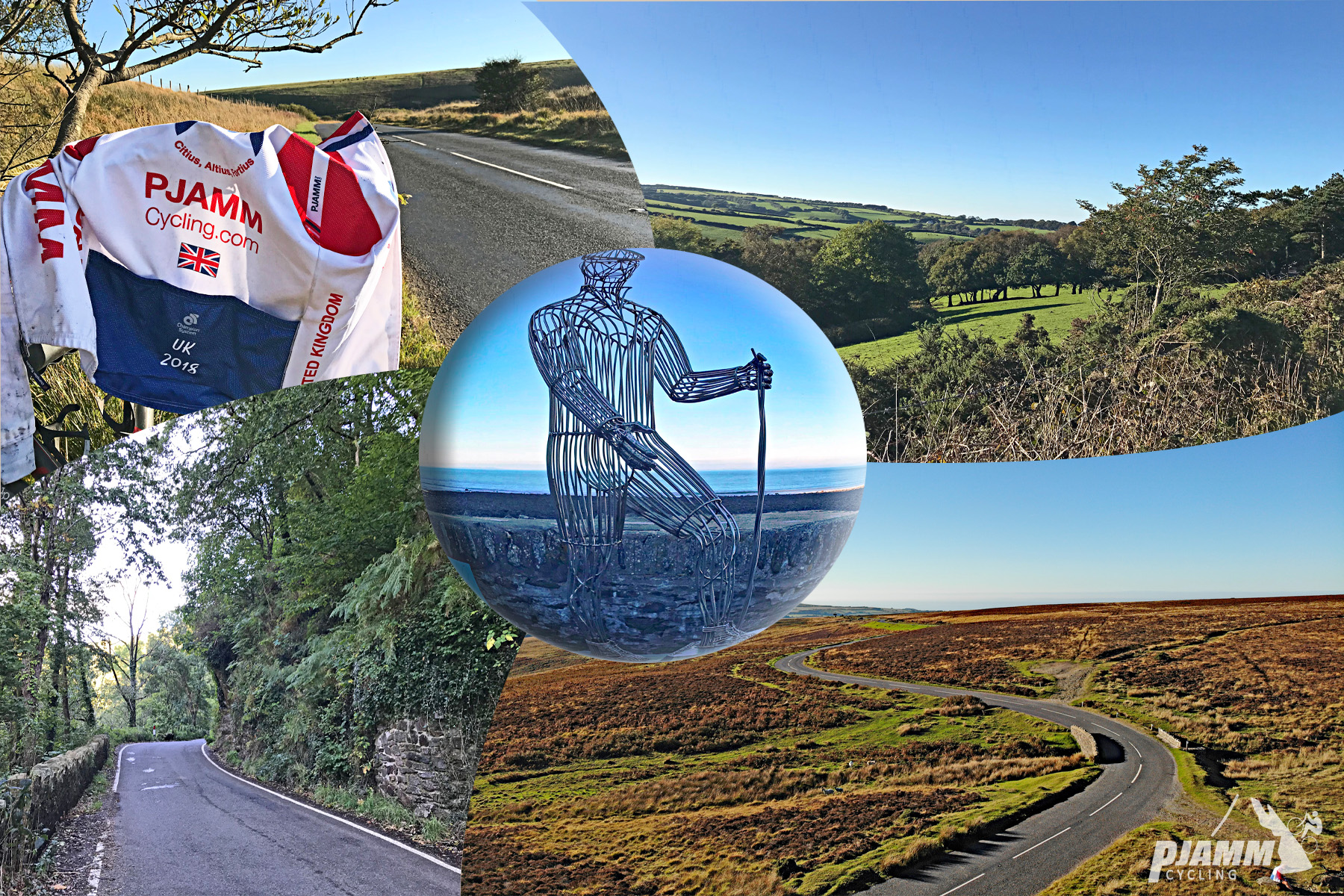 Cycling Exmoor Forest, England - photo collage, PJAMM Cycling jersey propped on bike parked on side of roadway, views of trees and fields along hillside, one lane roadway lined with dense trees, wire statute of hiking man along waterside, PJAMM Cycling logo in corner