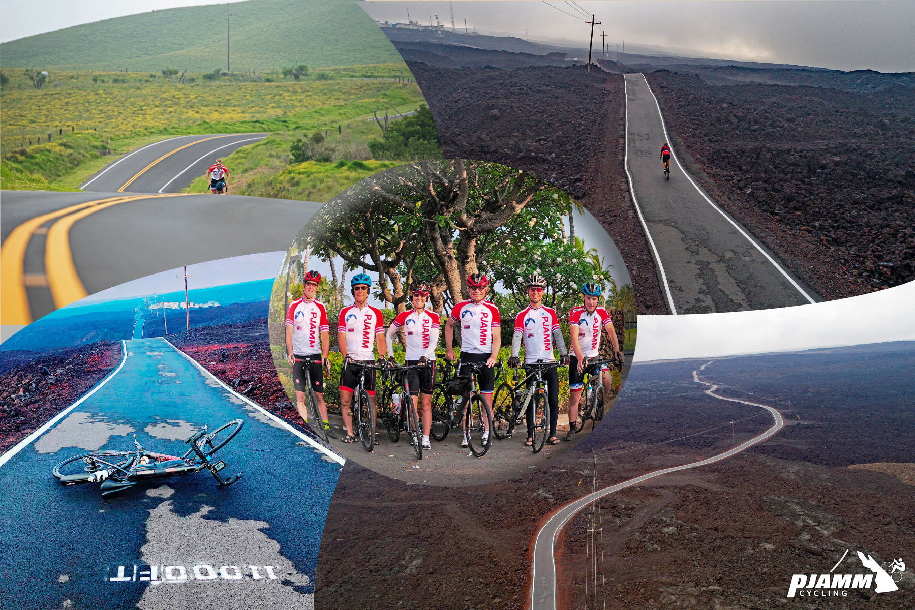 Cycling the Top 10 USA Hardest Climbs - Mauna Loa, Big Island, Hawaii; cyclist rides on rolling hills surrounded by lush greenery, six PJAMM Cyclists stand in line under tropical trees, bike parked on road at 11,000' elevation sign, long stretch of road