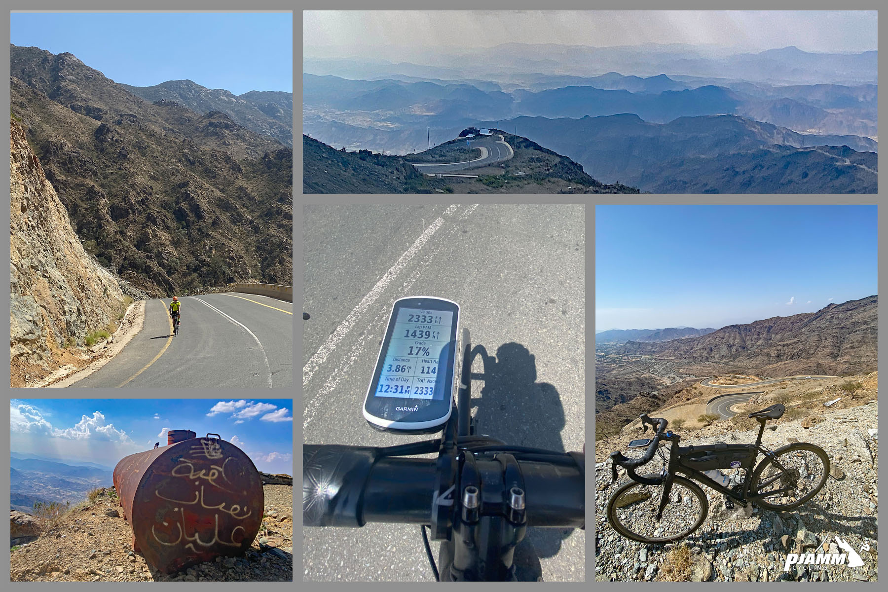Cycling Bashout Pass, Saudi Arabia - photo collage, PJAMM Cycling logo in corner, Garmin reads 17%, large iron water vessel has Arabic graffiti on it, PJAMM Cyclist climbs up roadway, bike parked in rocky terrain on side of roadway