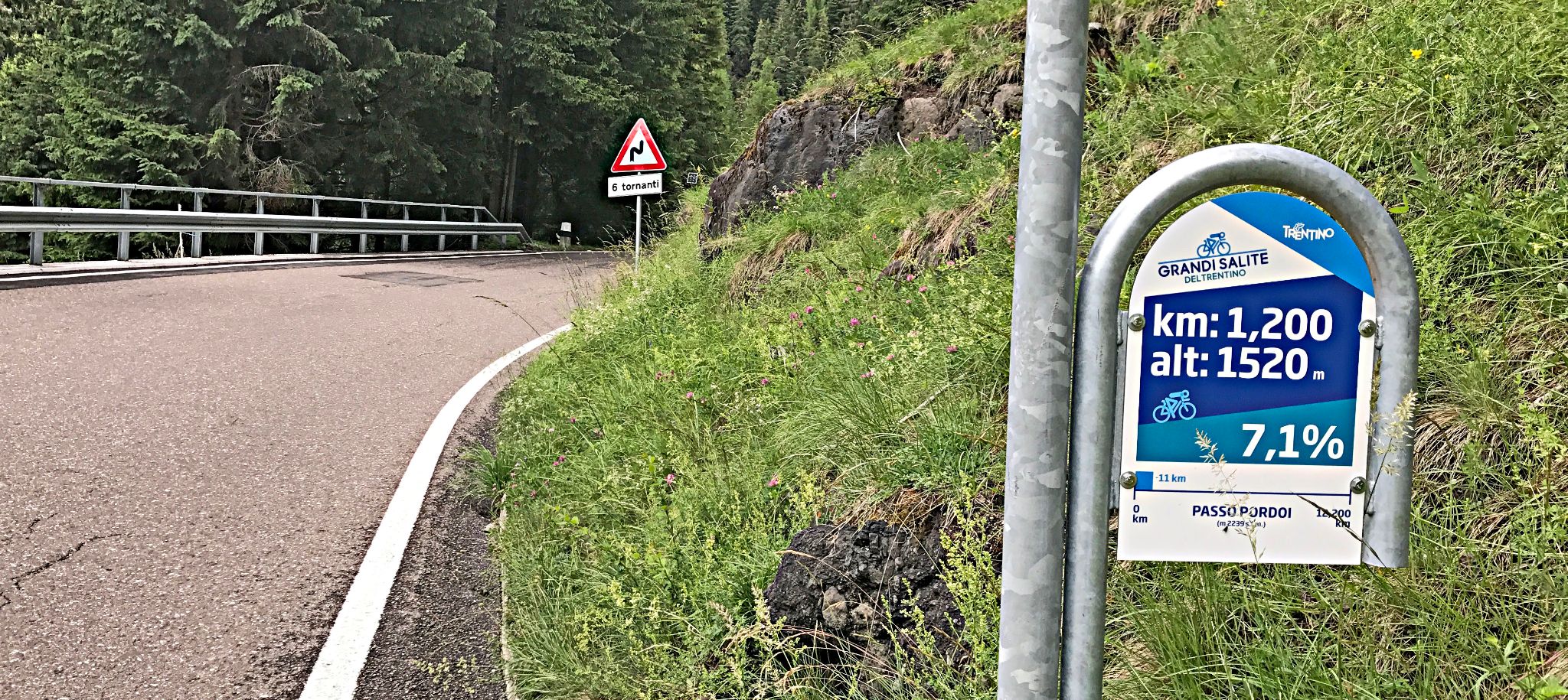 Cycling Passo Pordoi from Canazei - road sign reads 1520 m altitude and 7.1% grade