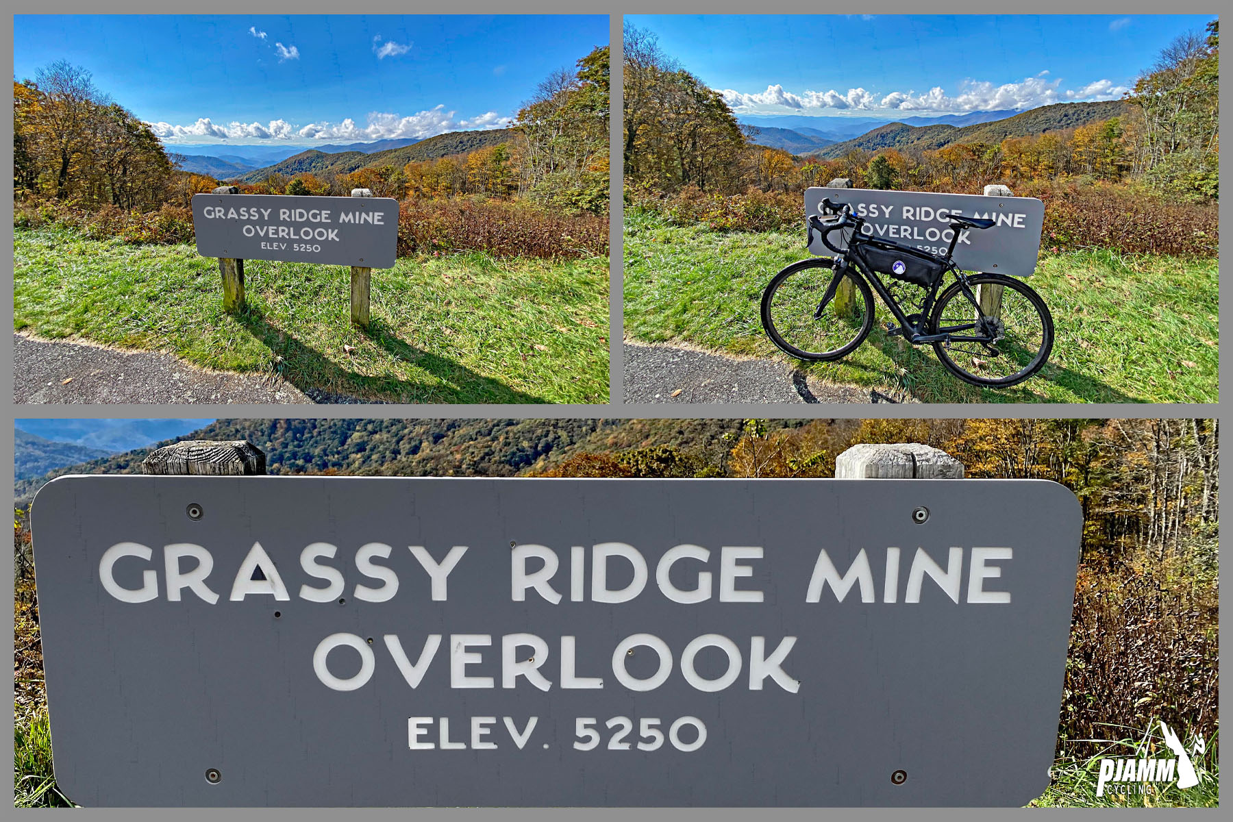 Cycling Richland Balsam, Blue Ridge Parkway - BRP Scenic Overlook sign reads "Grassy Ridge Mine Overlook," bike parked against overlook sign, fall foliage, bright blue sky, clouds below