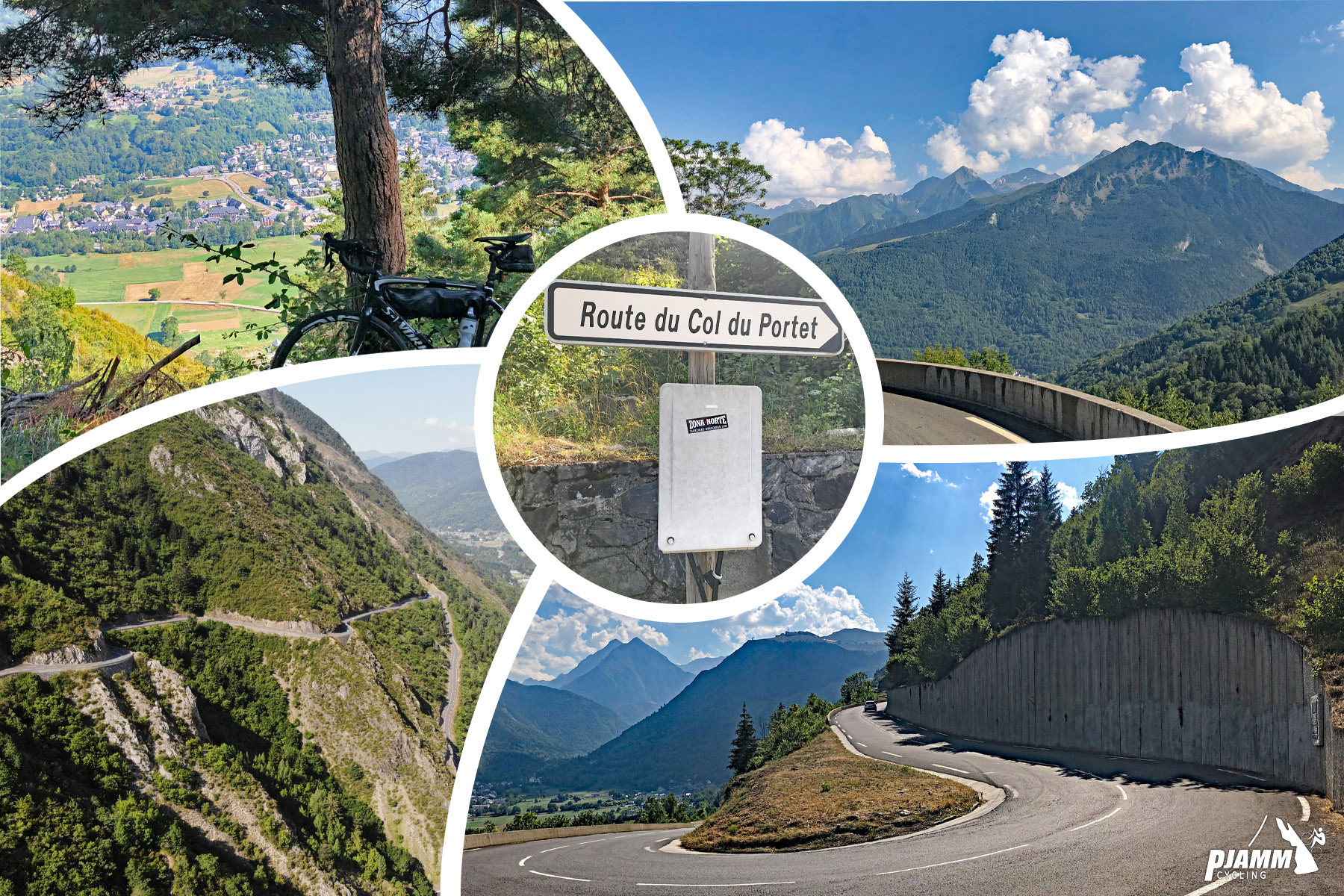 Cycling Col de Portet photo collage shows segment of the climb between the beginning and Soulan; sign for Route du Col du Portet