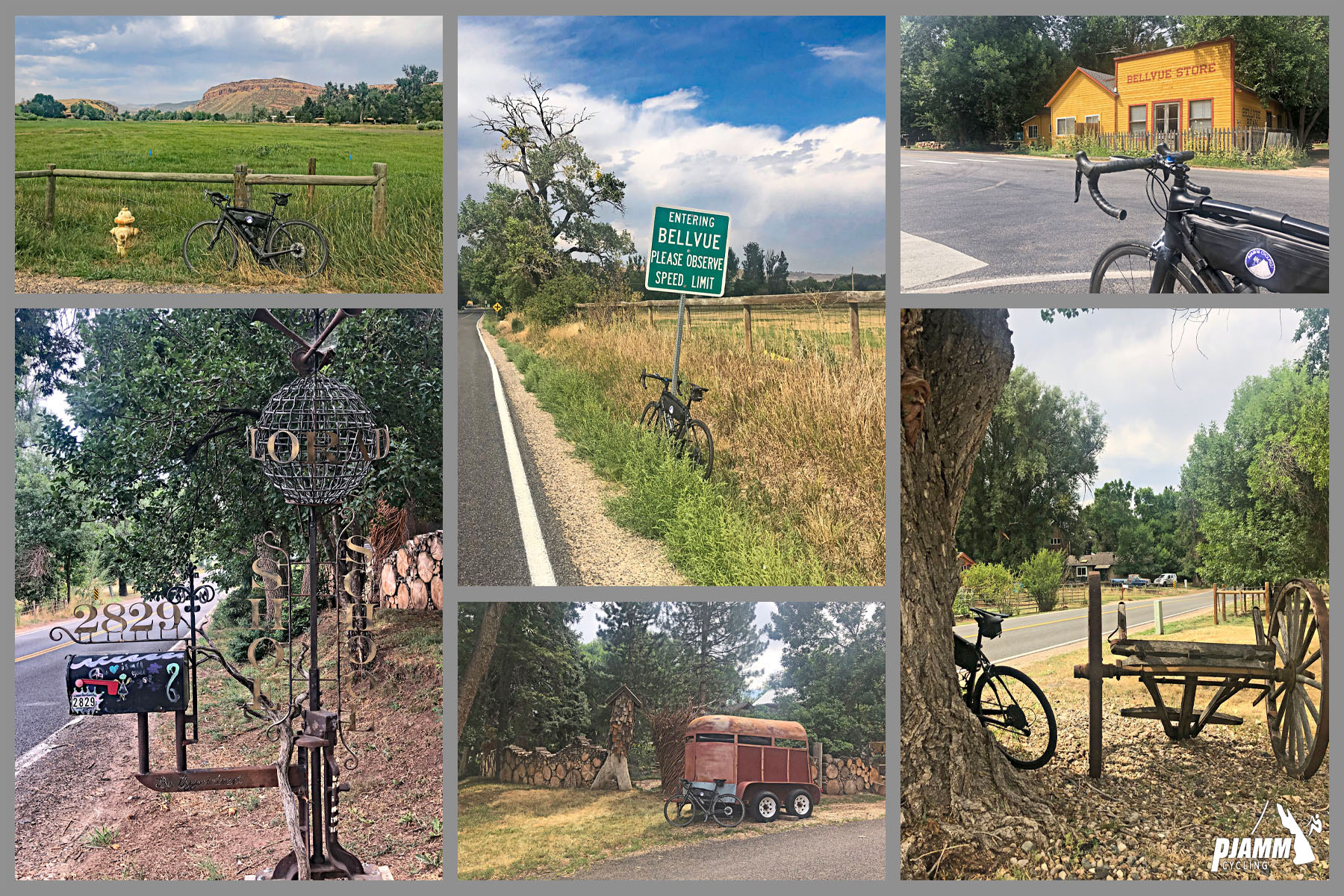 Cycling Rist Canyon East - photo collage, PJAMM Cycling logo in corner, bike parked at various points along the climb: against fence next to yellow fire hydrant and green field, against sign for town of Bellvue, old red horse trailer, large gnarled tree, in front of yellow Bellvue store