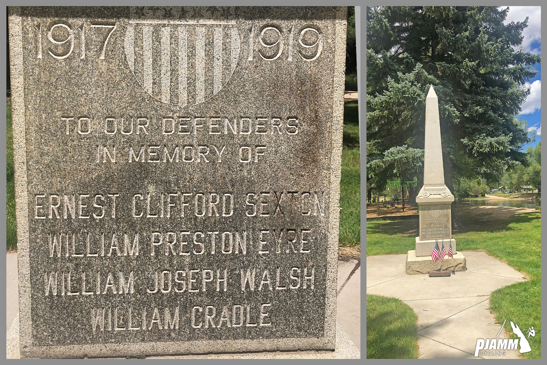Cycling Cottonwood Pass, Colorado - monument with placard reading "To our Defenders in memory of Ernest Clifford Sexton, William Preston Eyre, William Joseph Walsh, and William Cradle"