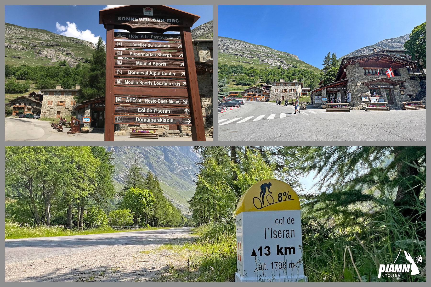 Col de L'Iseran from Bonneval-sur-Arc: climb start in Bonnev al-Sur-Arc; stone buildings in town, yellow and white kilometer marker