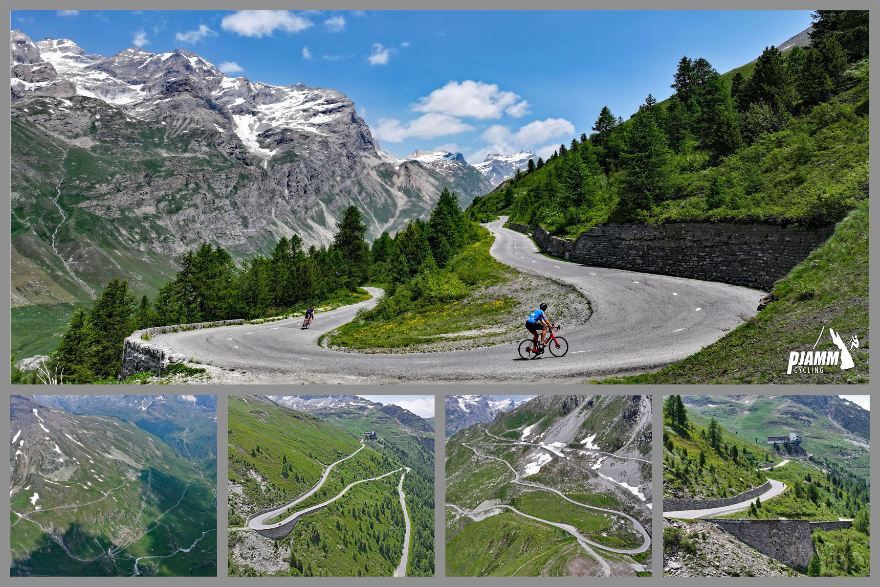 Cycling Col de L'Iseran: photo collage shows PJAMM cyclist riding on huge hairpin turn; green, alpine landscape