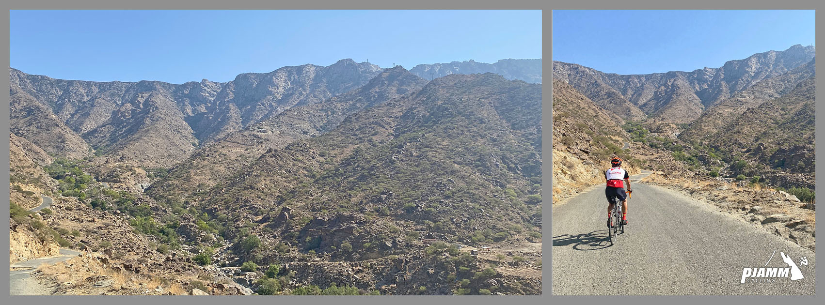 Cycling Sinan Road (Al Meger), Saudi Arabia - panoramic photo shows the mountain range spread out before you at the beginning of the climb