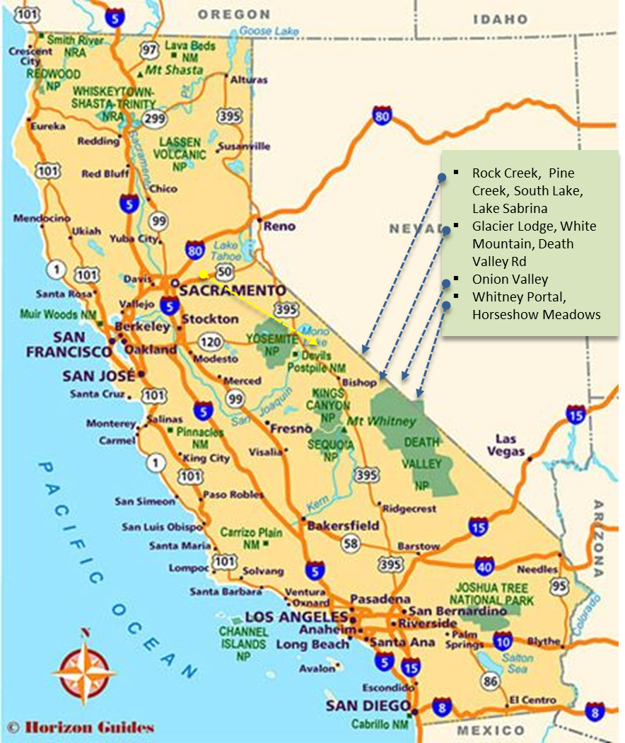 California Map - Owens Valley Map of California with Owens Valley climbs pointed out