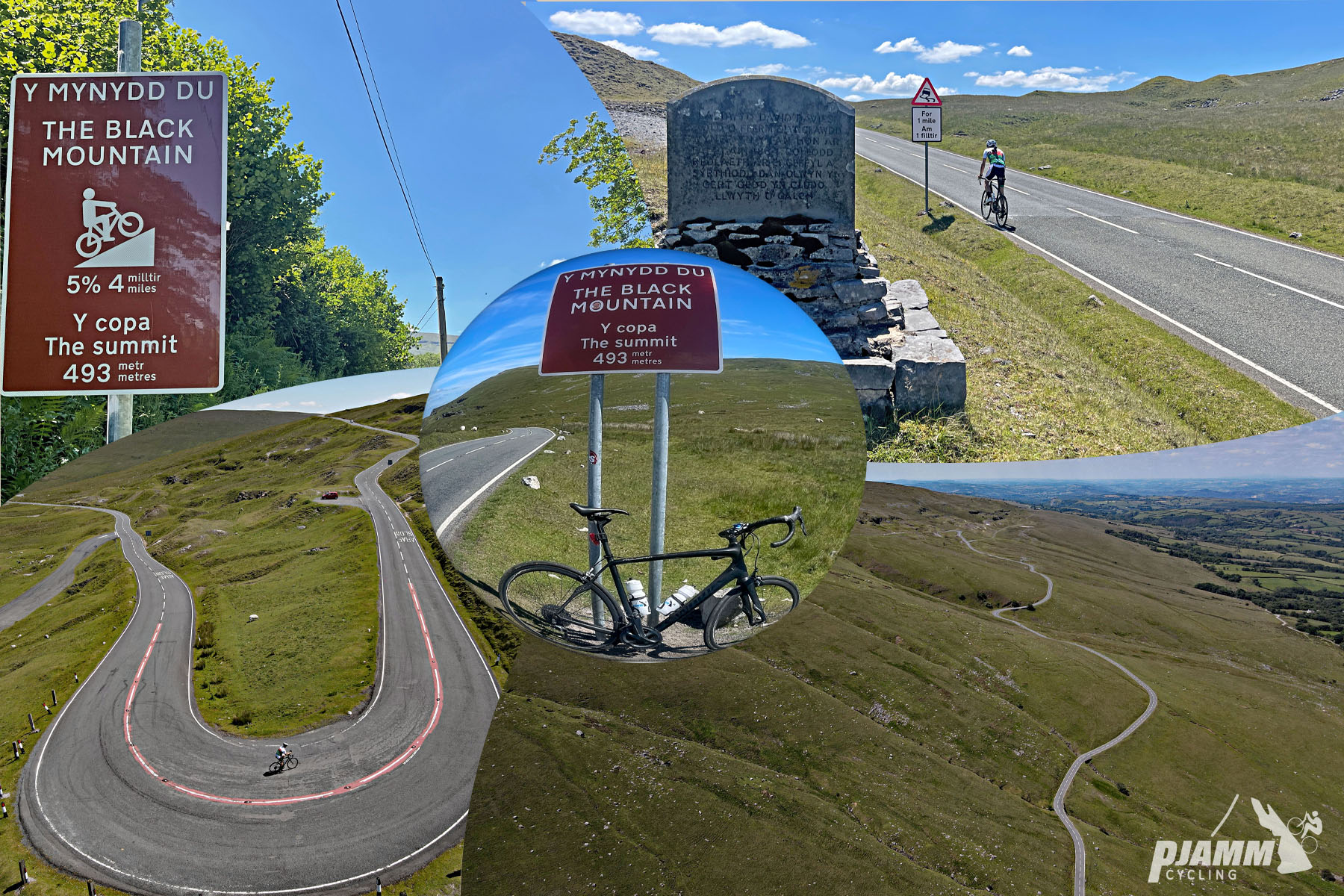 photo collage shows road signs for The Black Mountain, Y Mynydd Du; aerial drone view of switchbacks in roadway