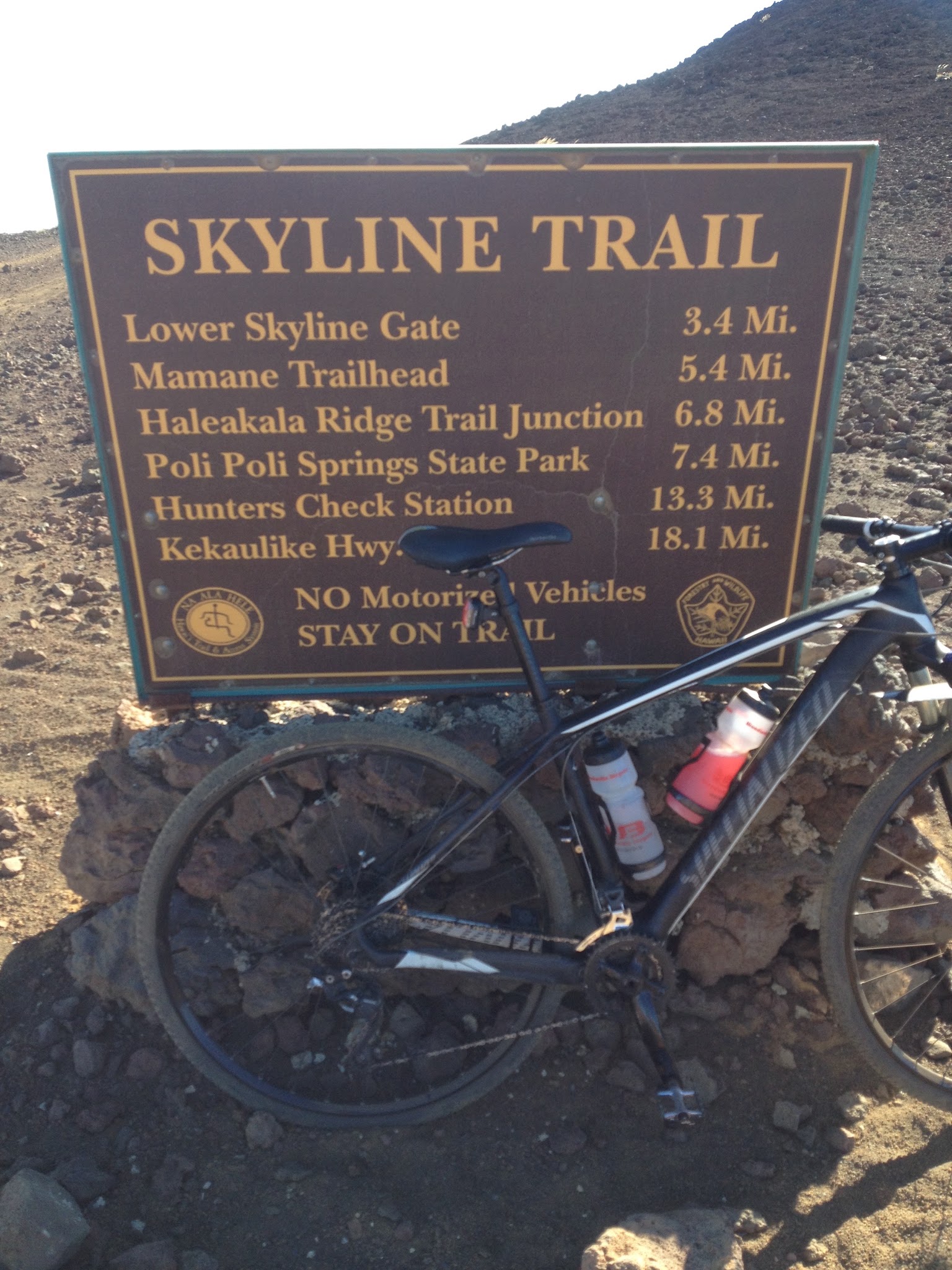 Skyline Trail sign on bike ride up backside of Haleakala Volcano.