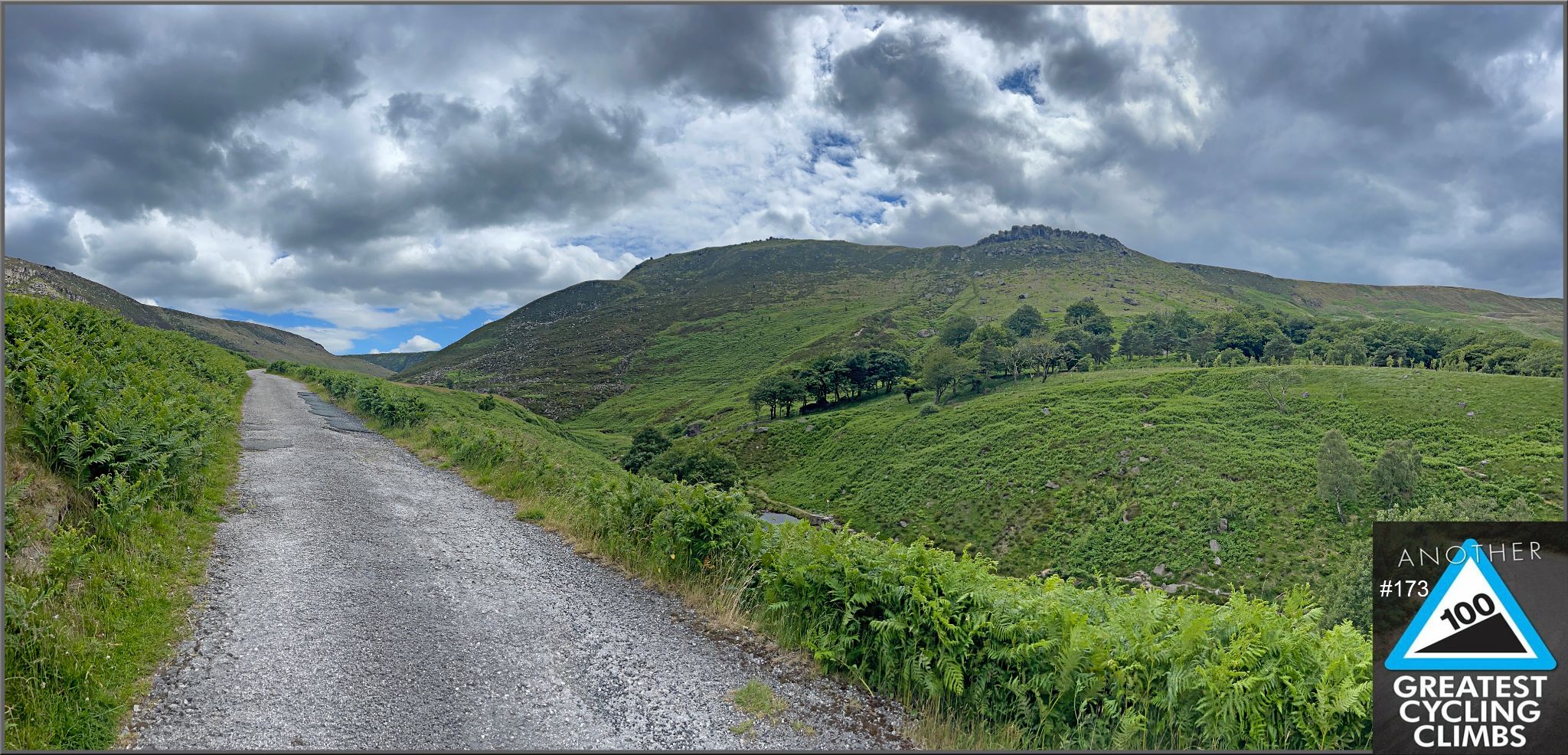 Another 100 Greatest Cycling Climbs; gravel roadway surrounded by rolling green hills