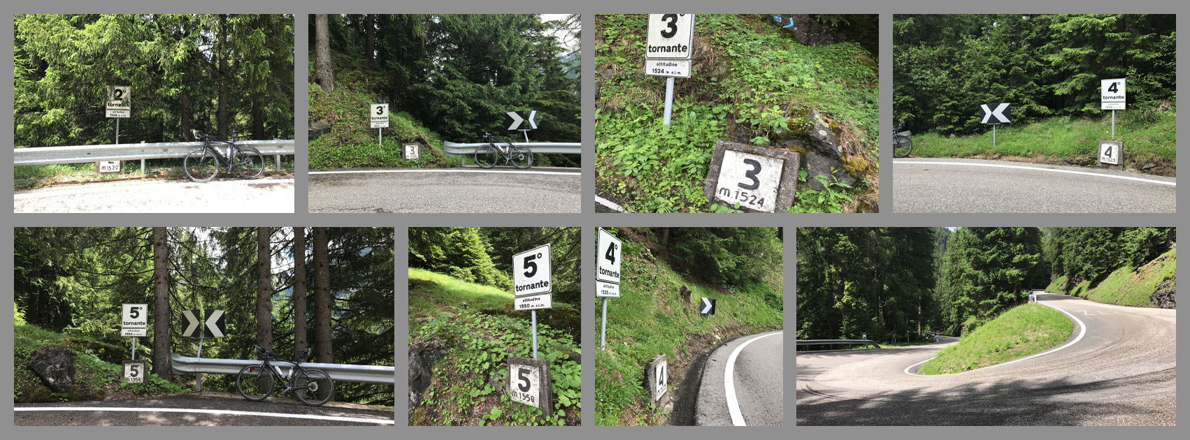 Cycling Passo Pordoi from Canazei - road signs mark the turns on the climb