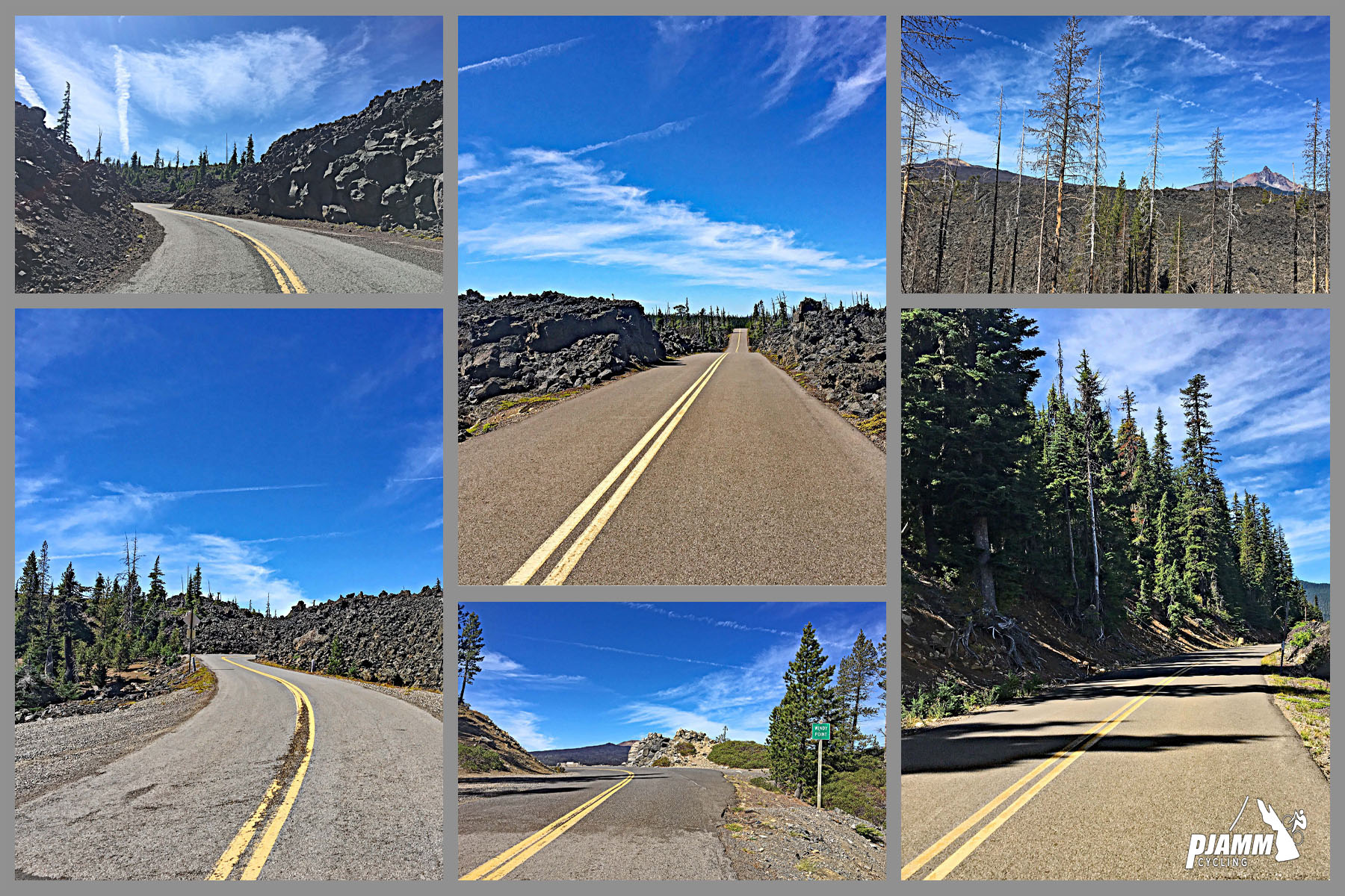 Climbing Mckenzie Pass East by bike - photo collage, road, ponderosa pines, lava fields, cascade mountains