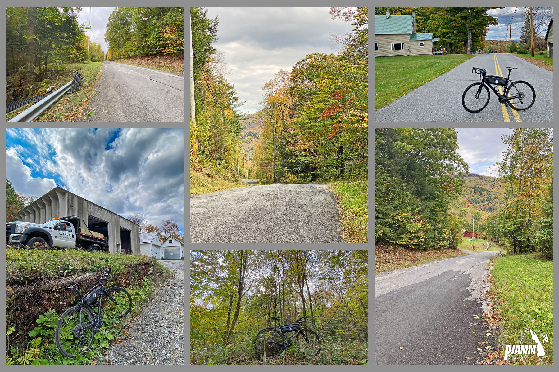 Cycling Kinsley Hill Road, Massachusetts - photo collage, fall foliage, dense forestation, one-lane mountain road, PJAMM Cycling logo in corner