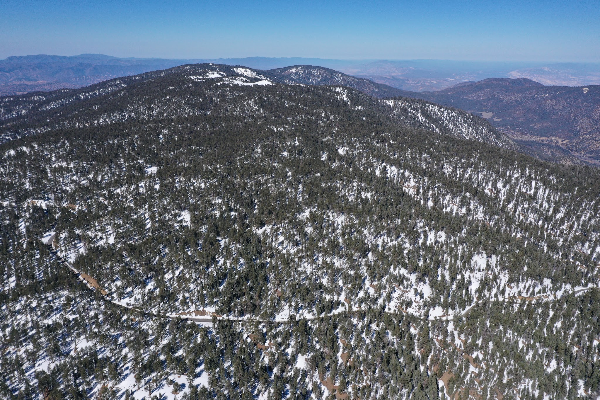 Aerial drone photo of Cuddy Valley Road leading to Mt. Pinos Nordic Center.