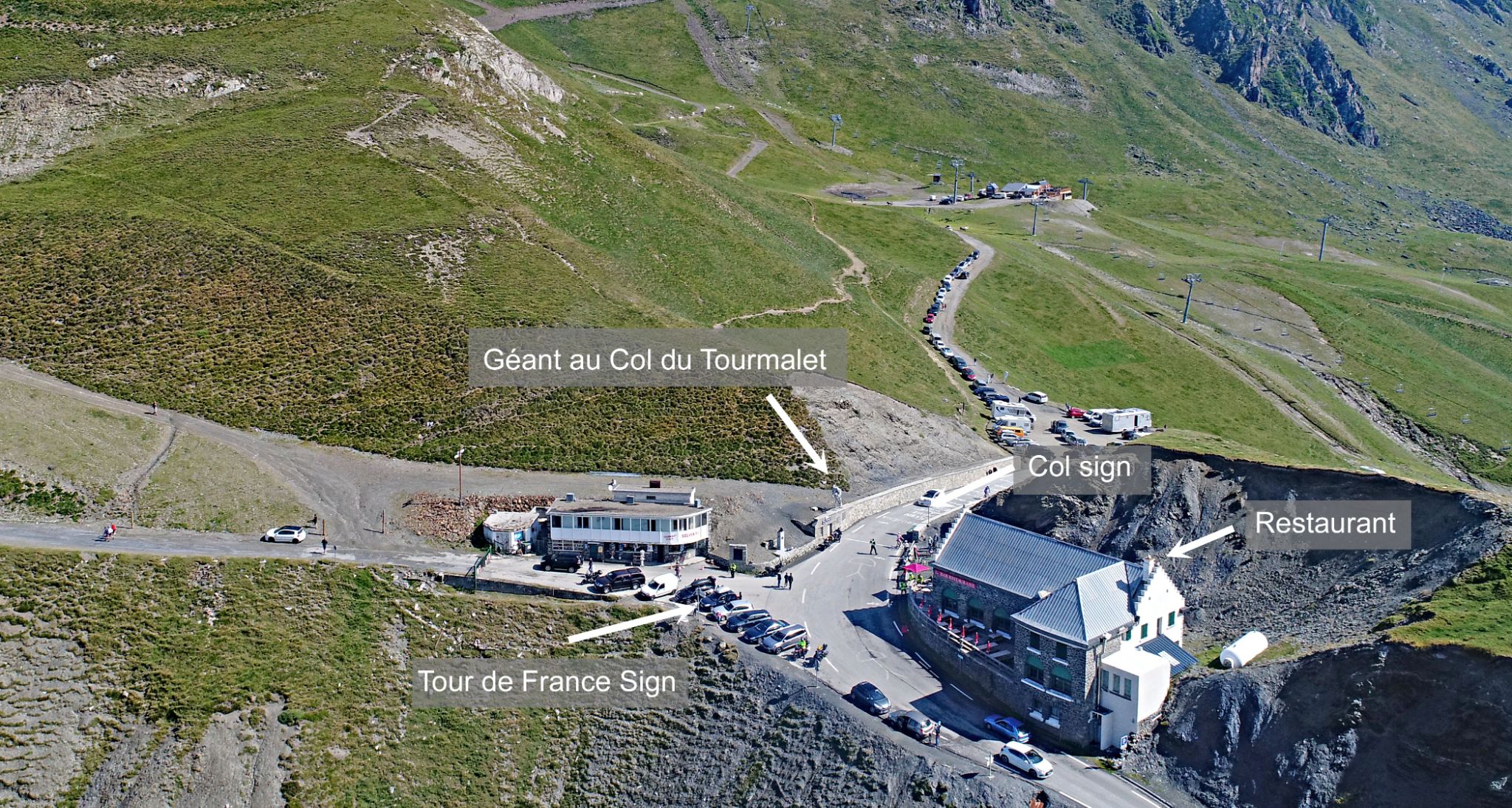 aerial drone view of summit of Col du Tourmalet with points of interest identified