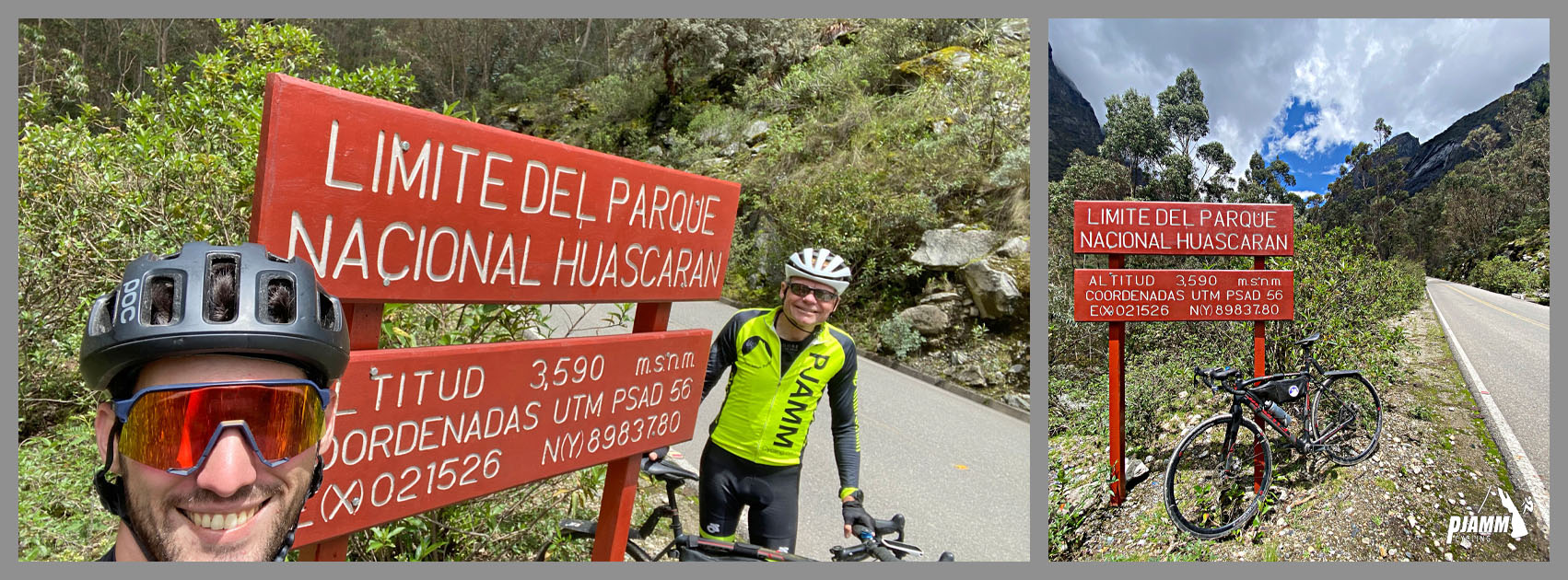 two PJAMM Cyclists stand and smile with their bikes in front of bright red sign announcing entrance to National Park: Parque Nacional Huascaran