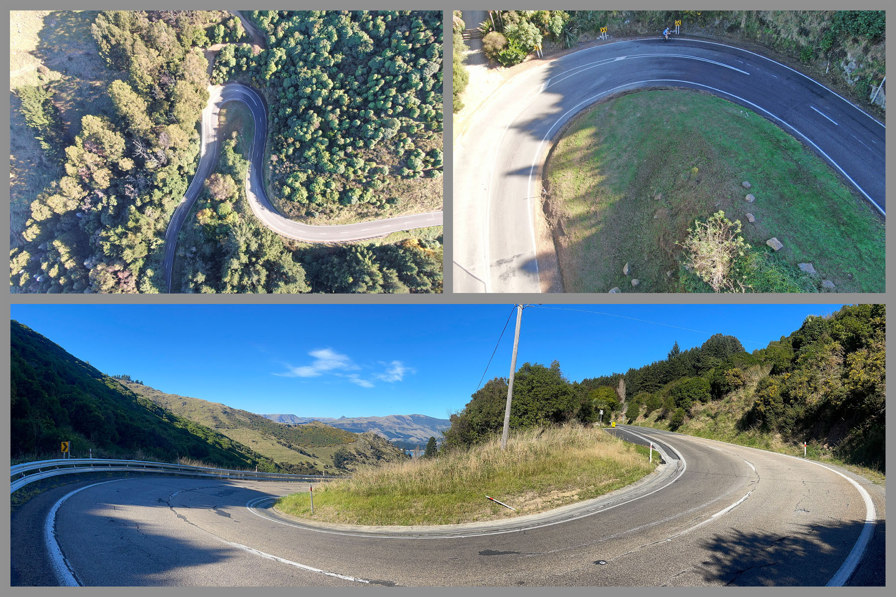 photo collage shows aerial drone views of the three hairpin turns on the climb