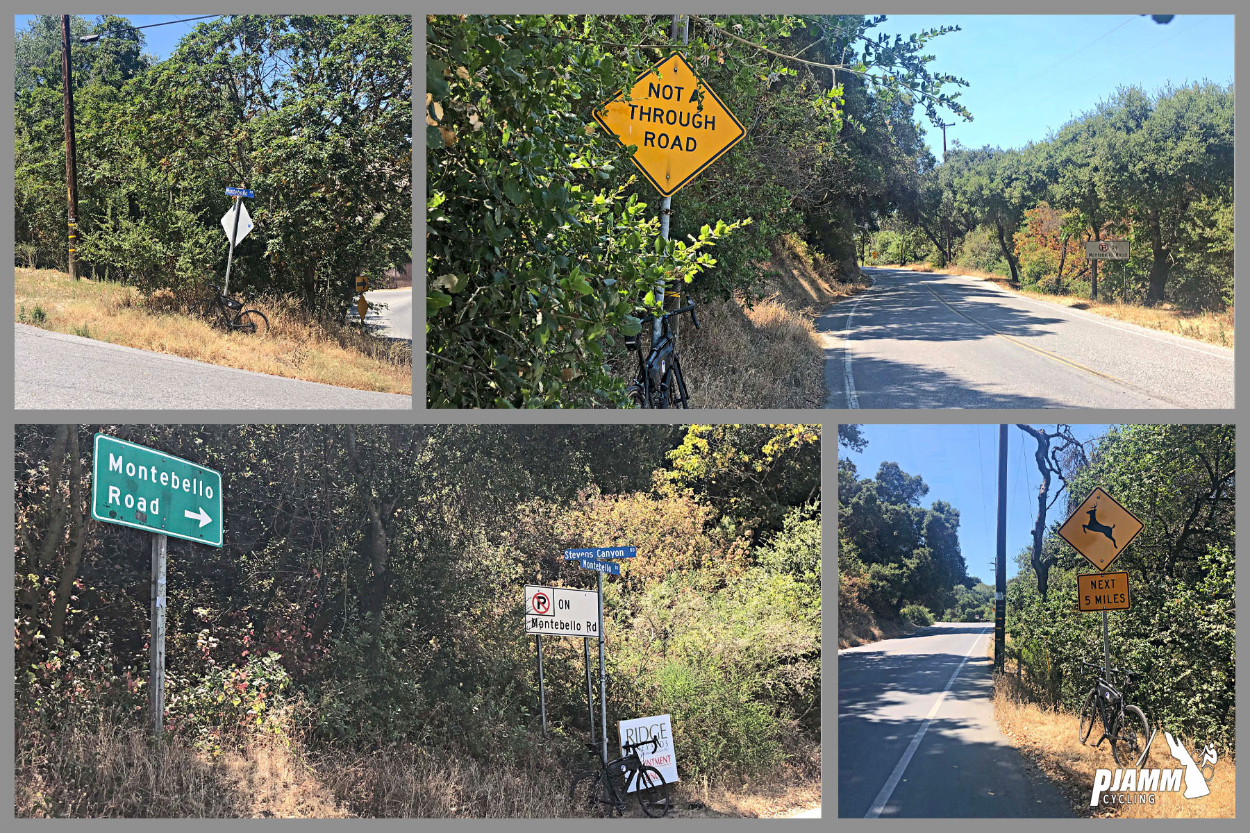 Cycling Montebello, Santa Cruz Mountains, California - photo collage, PJAMM Cycling logo in corner, road signs for Montebello Road, Not A Through Road, views along stretches of straight roadway