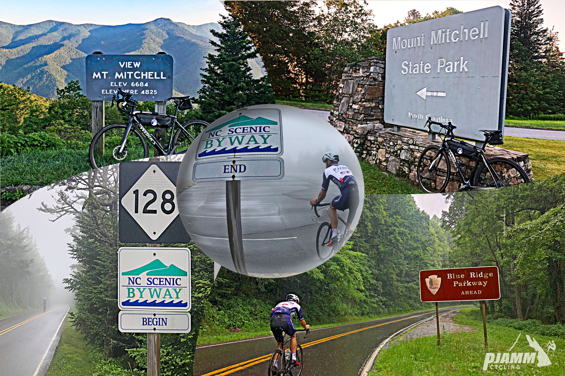 Climbing Mt. Mitchell by bike - photo collage, Mt. Mitchell elevation sign with bicycle leaning against it, Blue Ridge Mountains, sign for Mt. Mitchell State Park, cyclist riding on road, lush green forest,  Blue Ridge Parkway US Forestry Service sign, sign for Highway 128, NC Scenic Byway, misty road with pine trees, cyclist riding next to Scenic Byway End sign