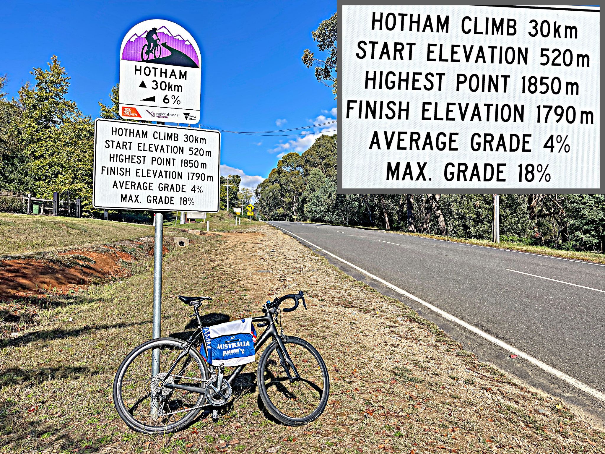 bike with PJAMM Cycling Australia jersey leaned against Hotham km marker