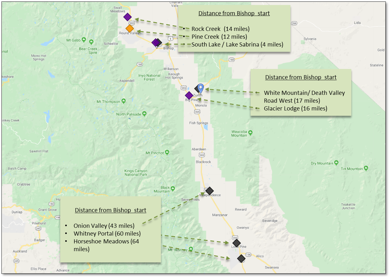 Map of Owens Valley Climb Area Map points out main climbs in the Owens Valley Climb area and the distance they are from Bishop
