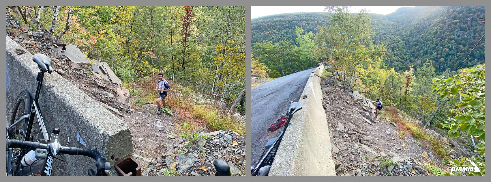 Devil's Kitchen - Platte Clove Road - cyclist climbing down hillside to retrieve lost drone