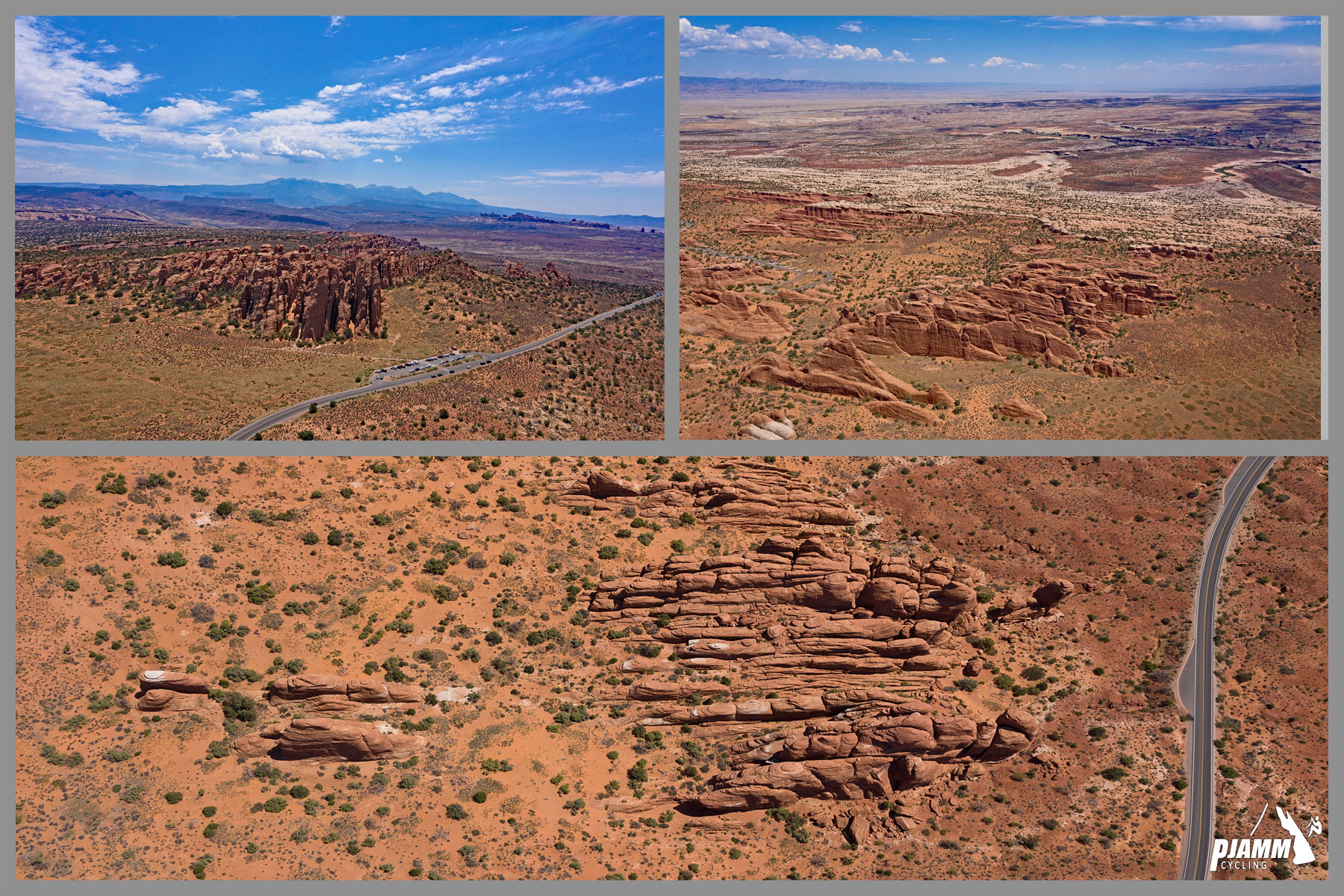 Cycling Arches National Park, Utah - photo collage, PJAMM Cycling logo in corner, aerial views of red rock formations 