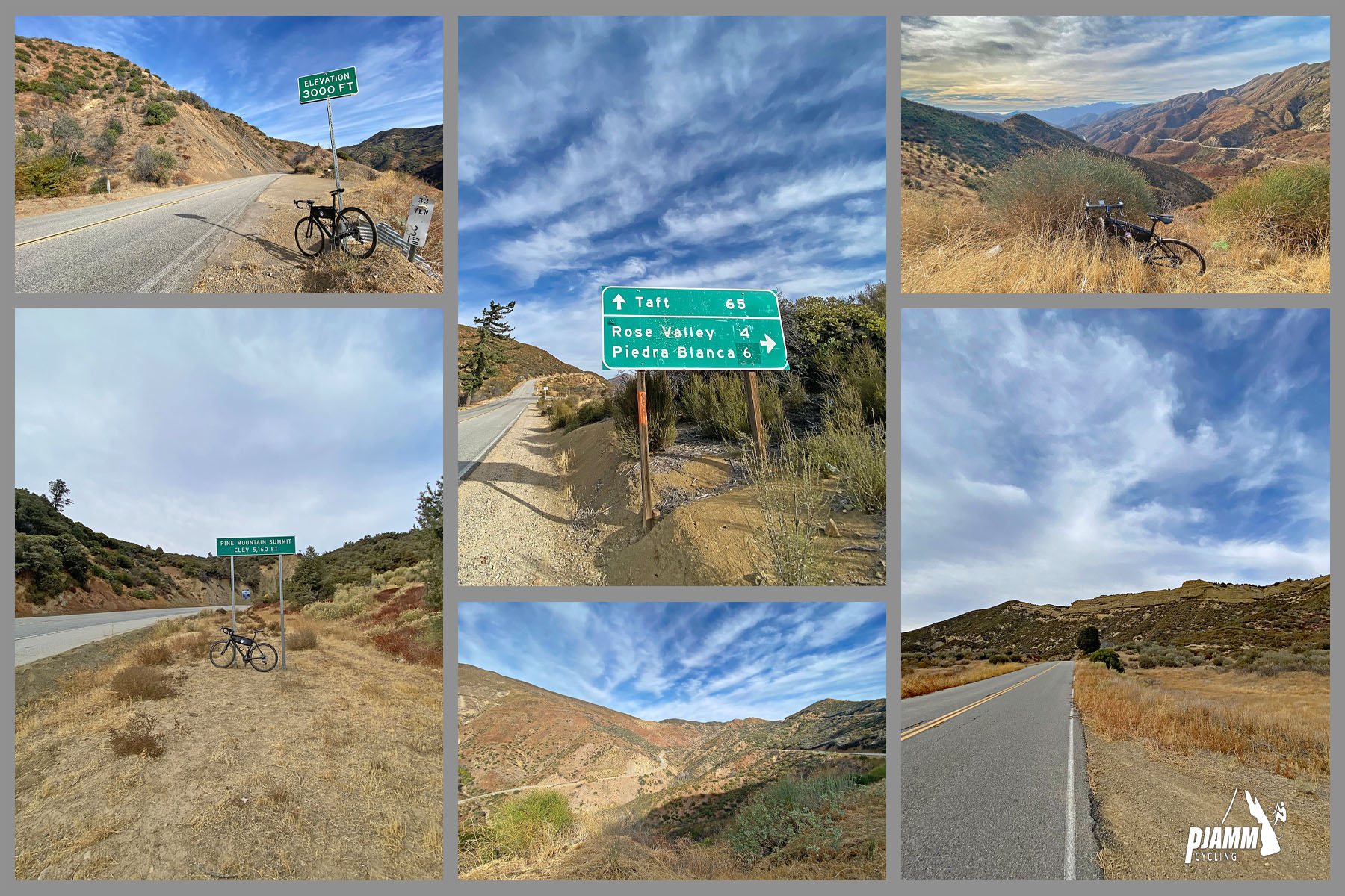 Cycling Highway 33 to Pine Creek Summit  - rock formations and desert highlands landscape on lower segment of climb, signs for Taft, Rose Valley