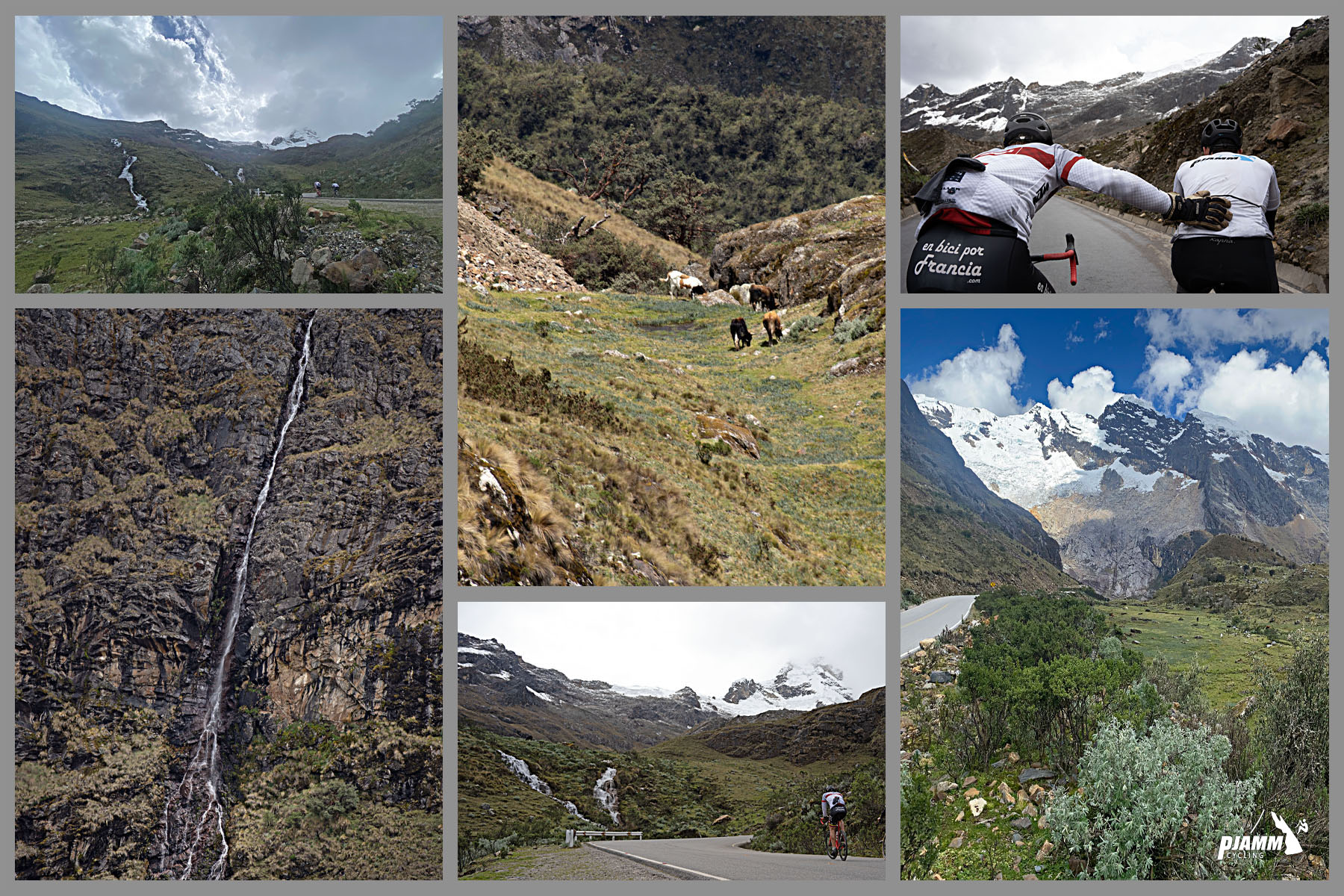 Cycling Punta Olimpica East, Peru - photo collage, extremely tall and thin waterfall down mountainside, goats grazing on side of mountain, one PJAMM Cyclist gives another a helpful push on the back