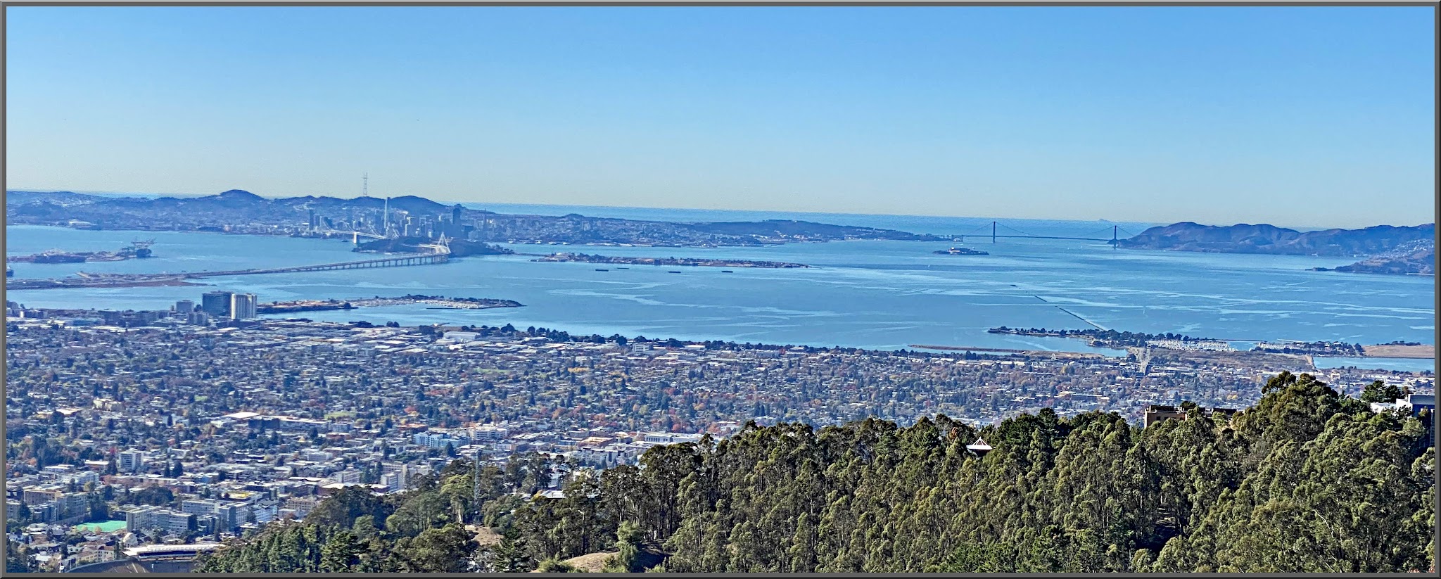 Cycling to Grizzly Peak from Claremont, California - panoramic view of bay area and bay from above