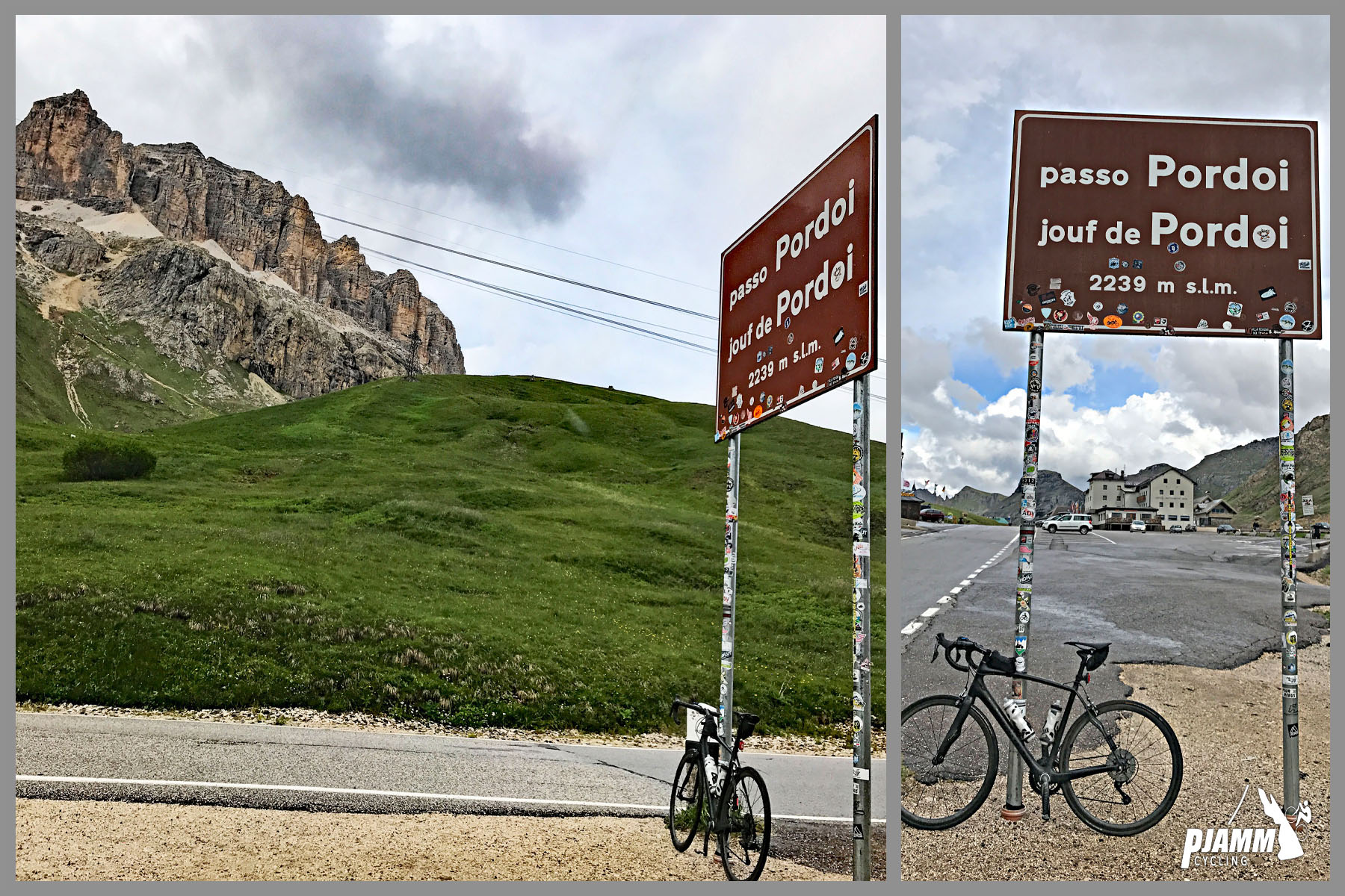 Cycling Passo Pordoi from Canazei - bike parked at roadsign at climb top, restaurant parking lots in the distance