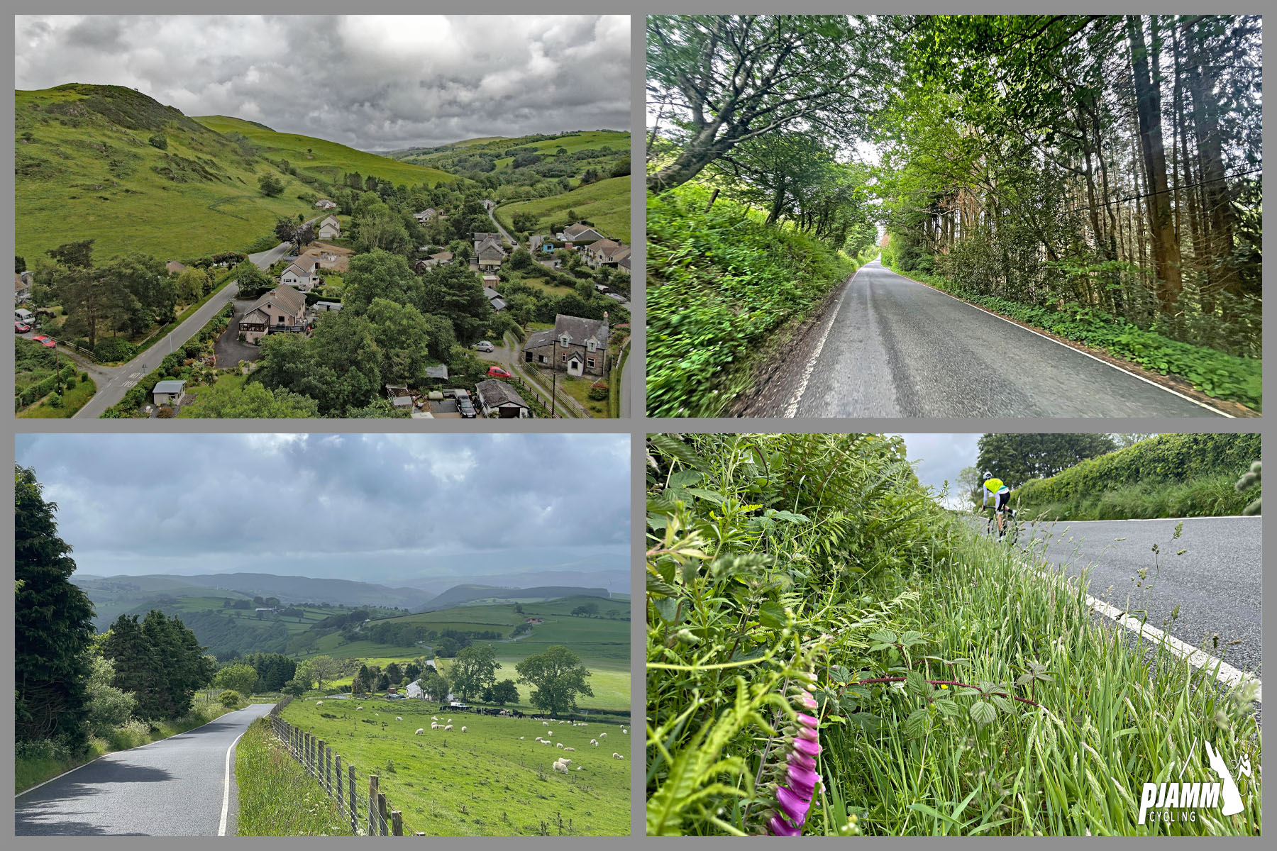 photo collage shows views along first part of climb, one-land roadway, lush green pastureland, aerial drone view shows ton of Machynlleth