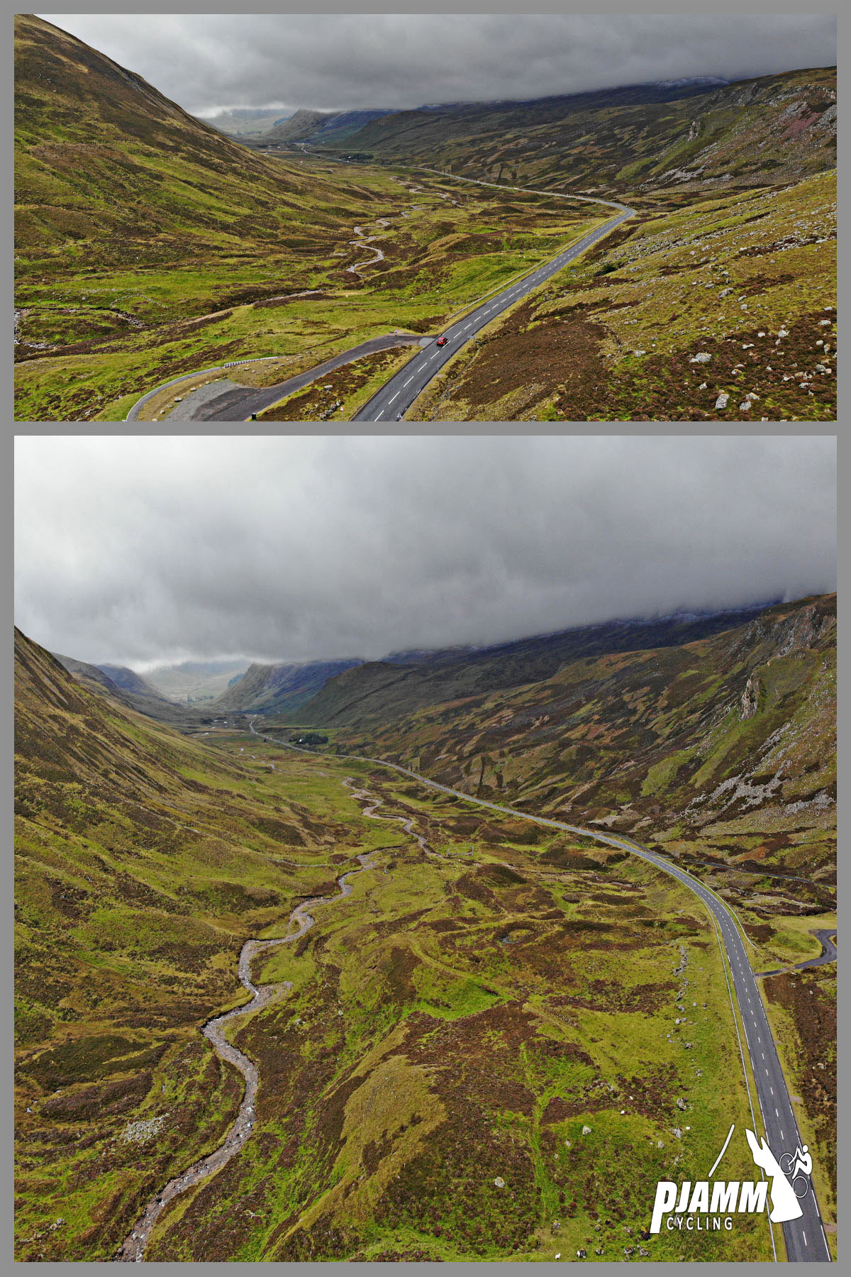 Cycling The Cairnwell, Scotland - aerial drone views of two-lane roadway winding through green and brown hillsides along very winding creek bed, grey cloudy skies, PJAMM Cycling logo in corner