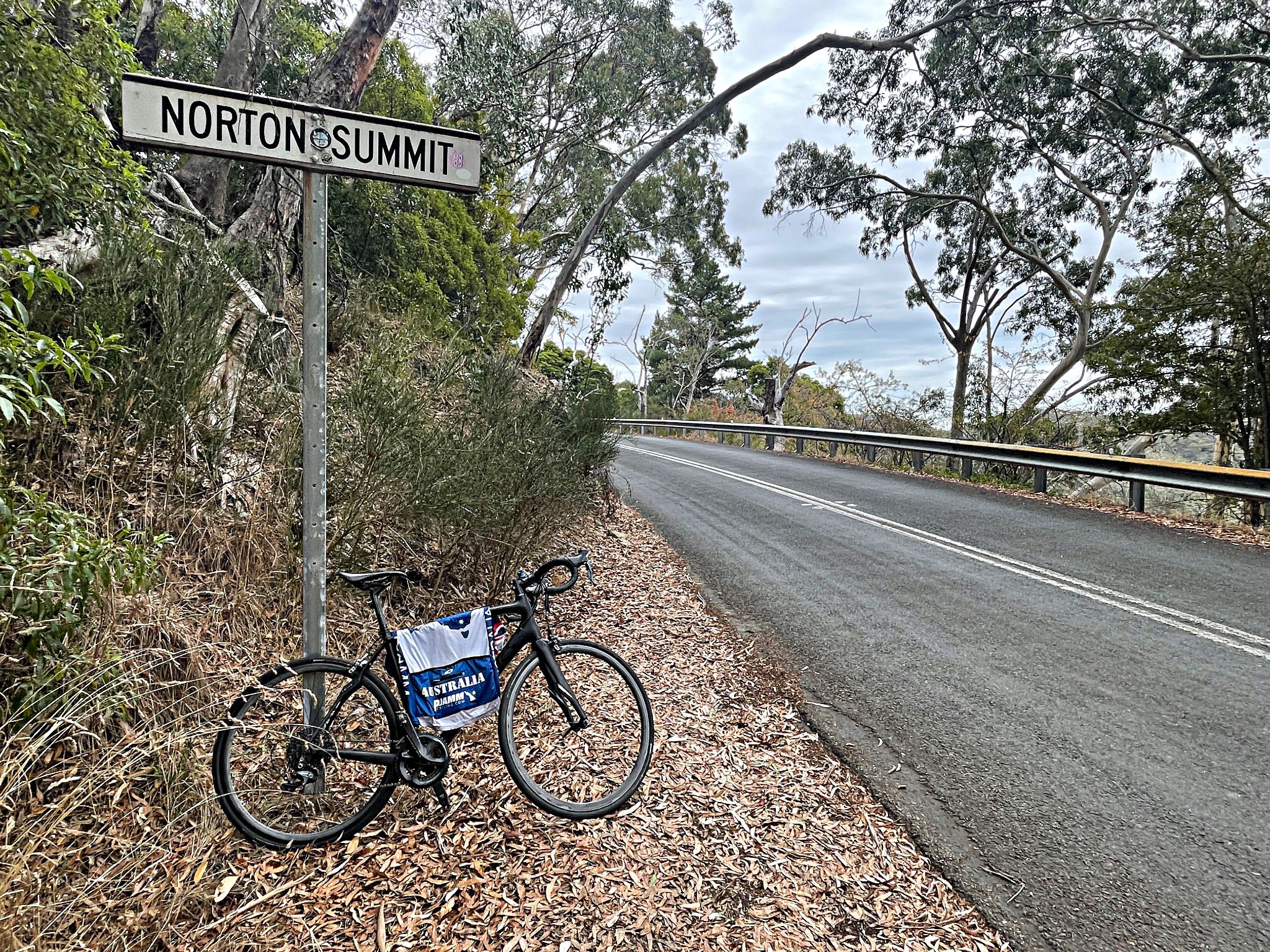 bike and PJAMM Cycling Australia jersey lean against sign for Norton Summit, one km from climb finish