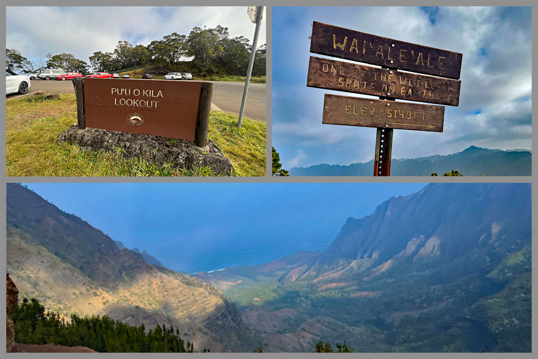 photo collage shows views and informational signs at Pu’U O Kila Lookout
