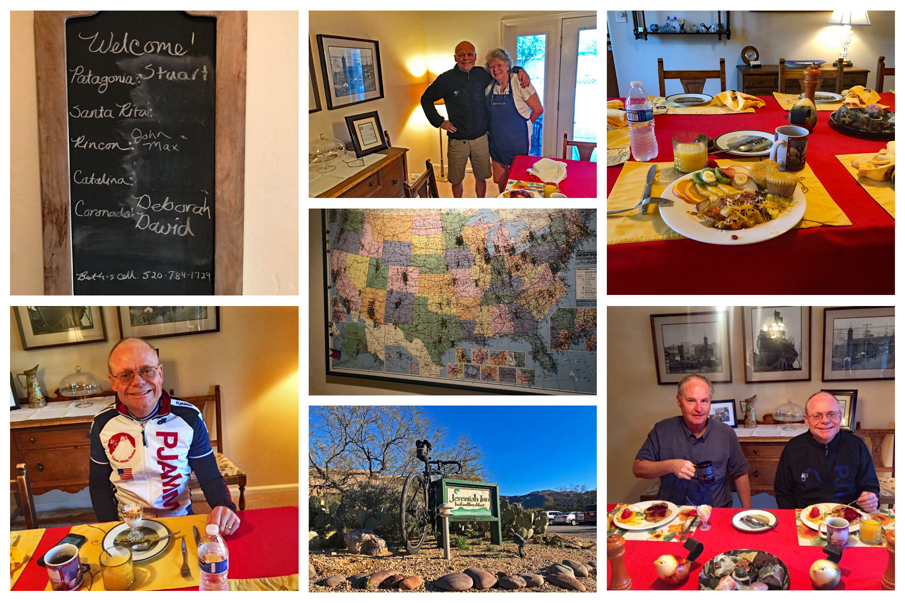 Cycling Mt. Lemmon, Arizona - photo collage, breakfast at the Jeremiah Inn, with innkeeper Beth