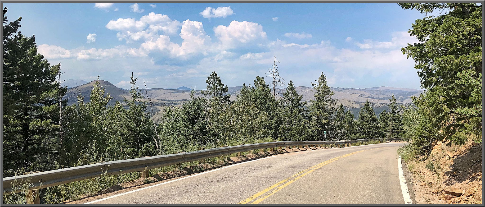Climbing Magnolia Drive, Boulder, Colorado - stretch of two-lane road surrounded by evergreen trees and mountains
