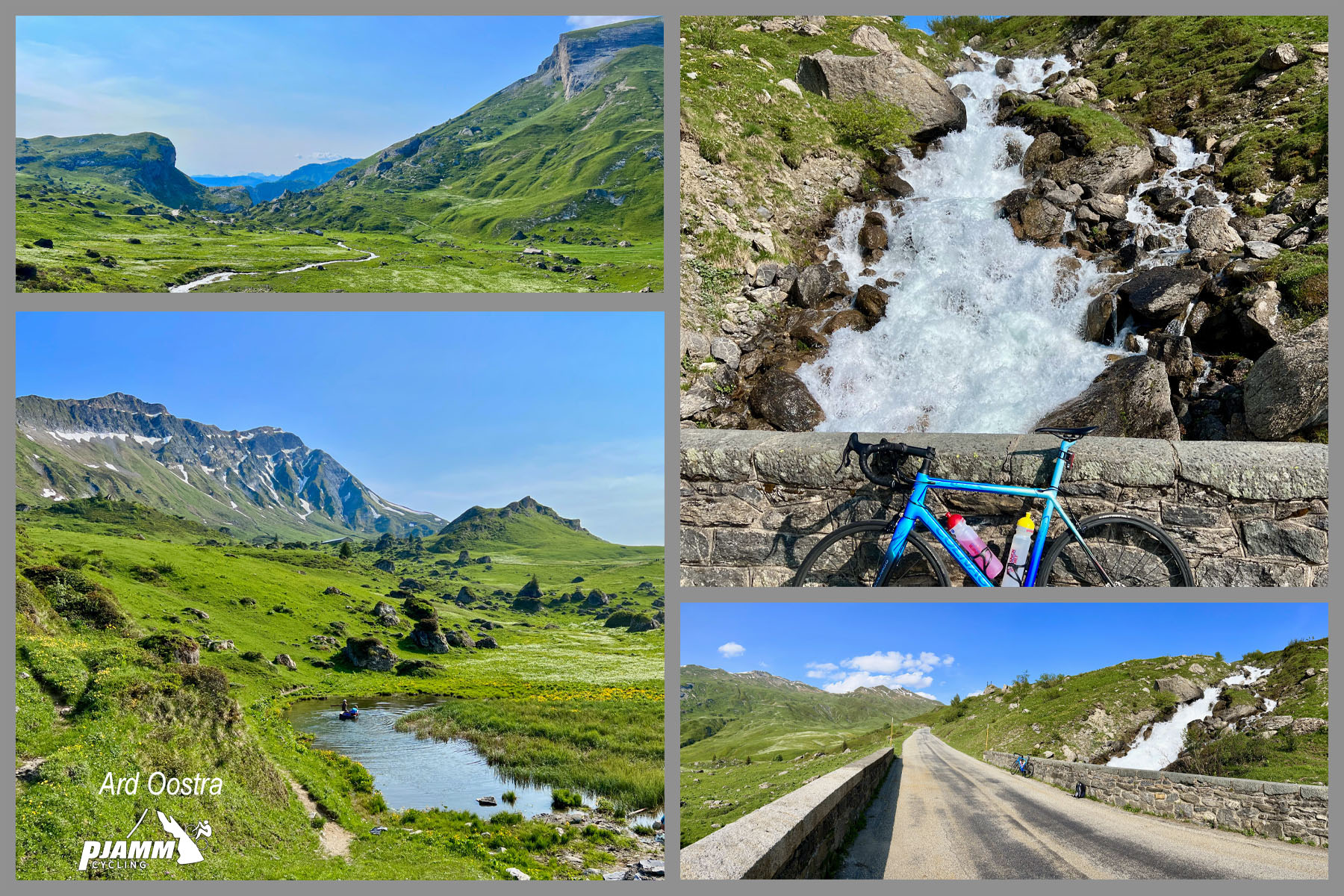 photo collage shows waterfalls, green pastures, and tranquil rivers as some of the scenic views visible on the Cormet de Roseland climb