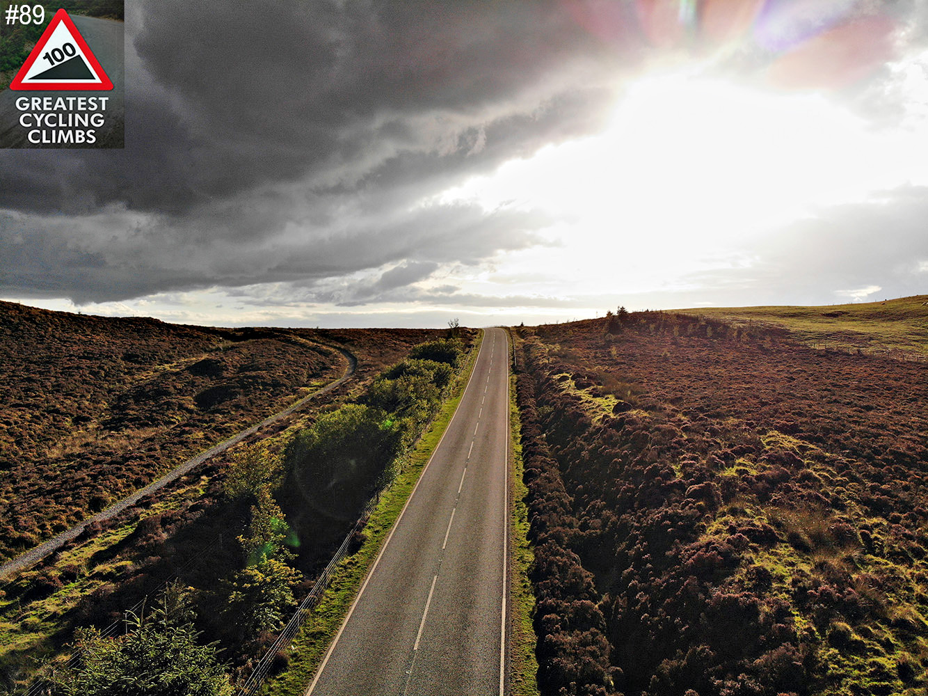 Cycling The Road to Hell - aerial view of straight portion of two lane road 